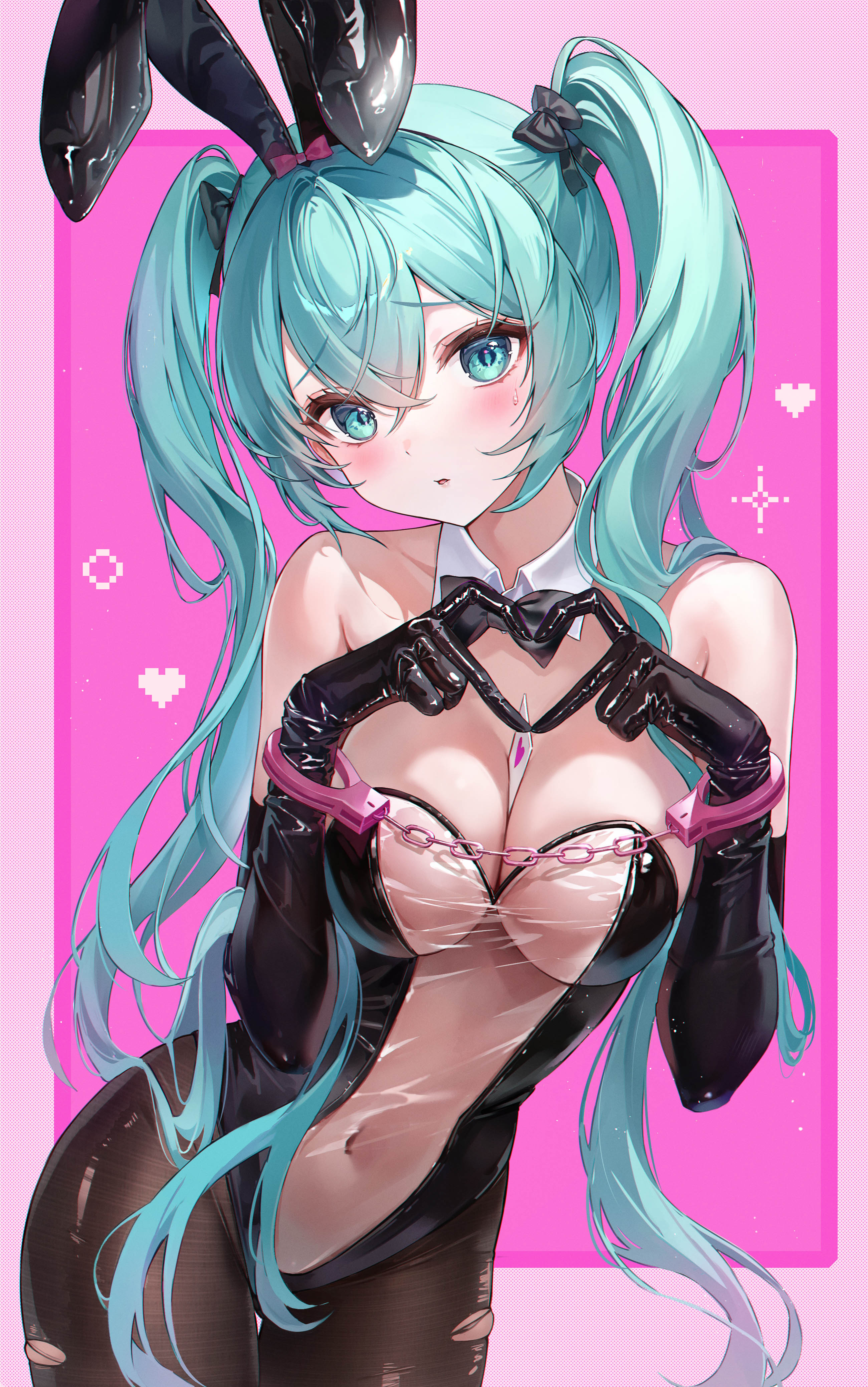 animal_ears bondage bunny_ears bunny_girl hatsune_miku no_bra pantyhose ryu_o see_through torn_clothes vocaloid