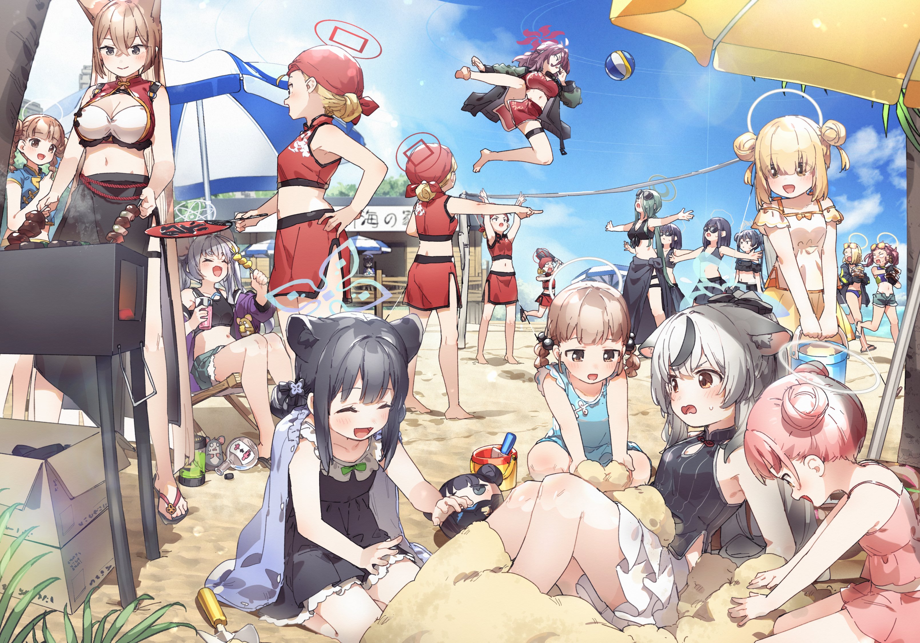 akeshiro_rumi animal_ears asian_clothes bikini bikini_top blue_archive chibi garter halo kayama_reijo konoe_mina kusaka_shi megane nekomimi open_shirt ryuuge_kisaki skirt_lift sunohara_kokona sunohara_shun swimsuits urushibara_kaguya yakushi_saya
