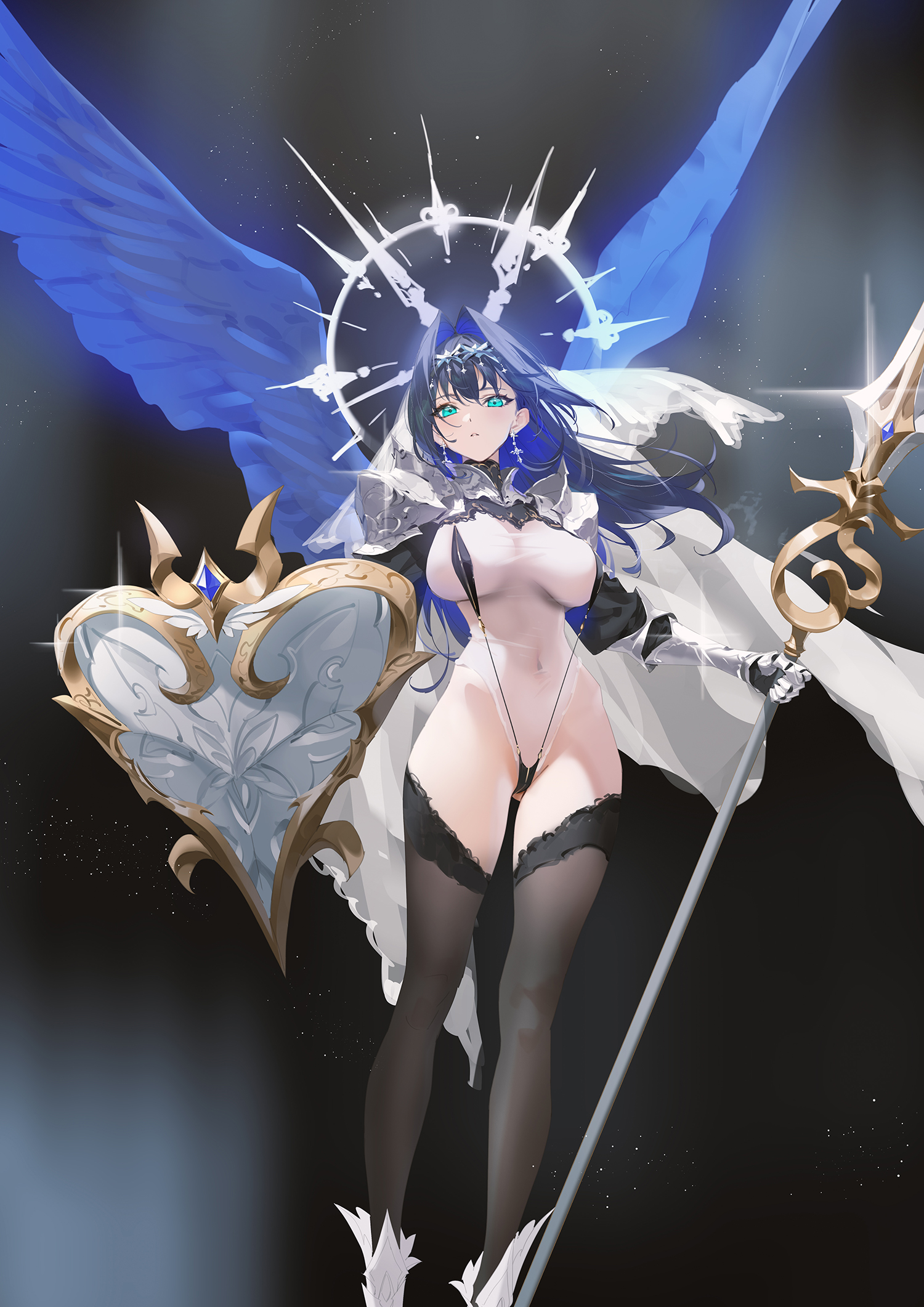 armor hololive hololive_english leotard ouro_kronii see_through thighhighs weapon wings yd_(orange_maru)