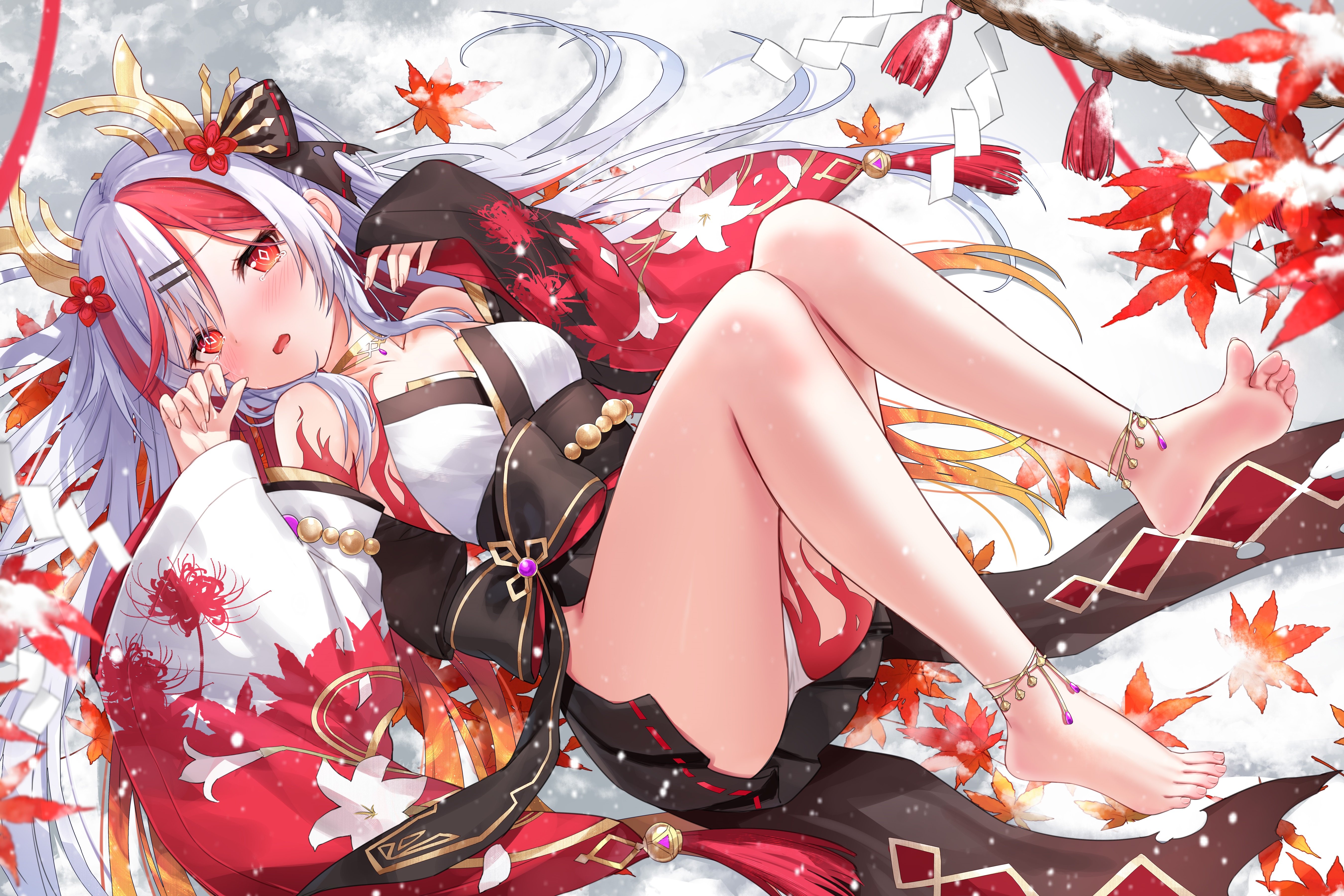 devil_heavens feet japanese_clothes no_bra pantsu skirt_lift tattoo thong