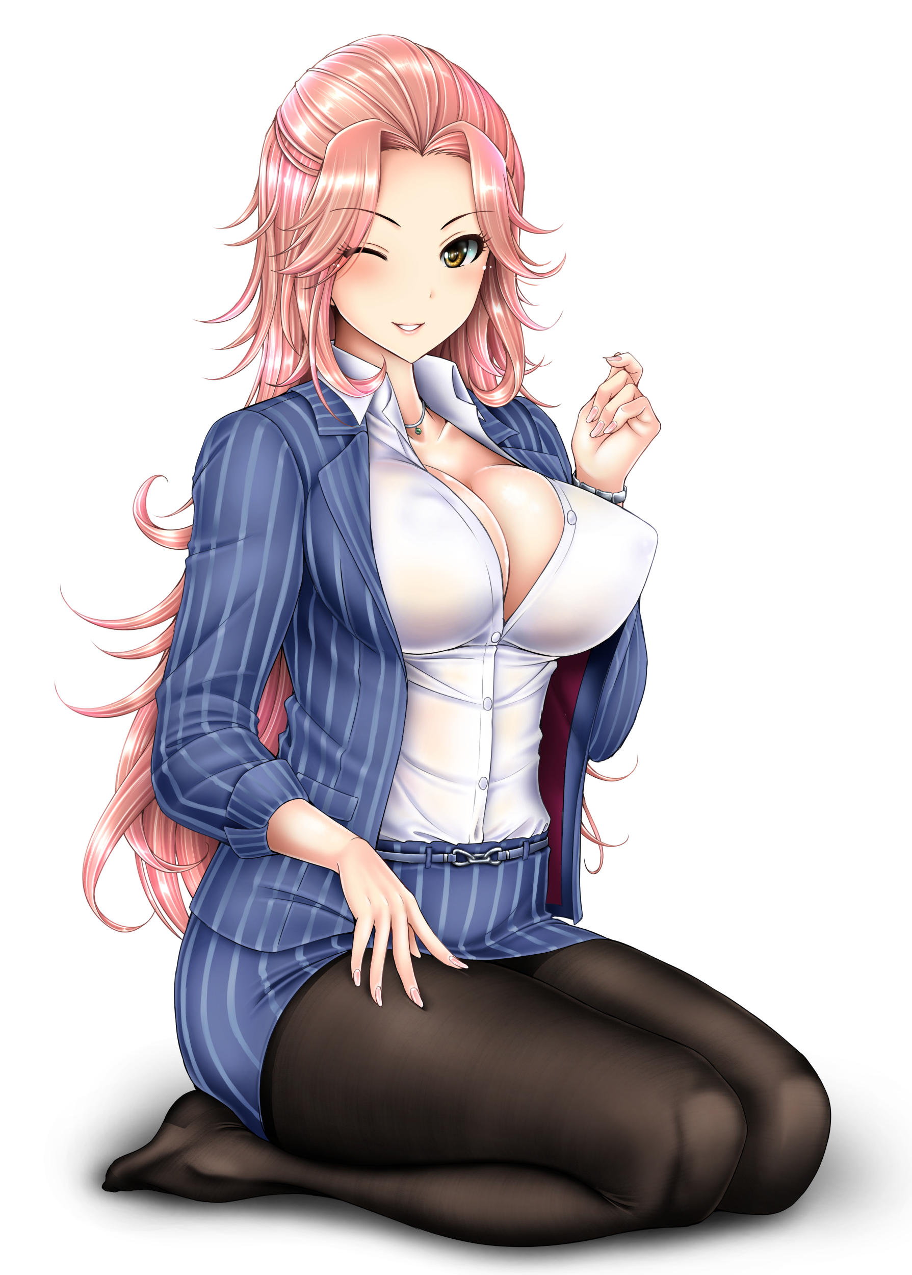 business_suit cleavage erect_nipples hamakawa_ayuna no_bra open_shirt otone pantyhose the_idolm@ster the_idolm@ster_cinderella_girls