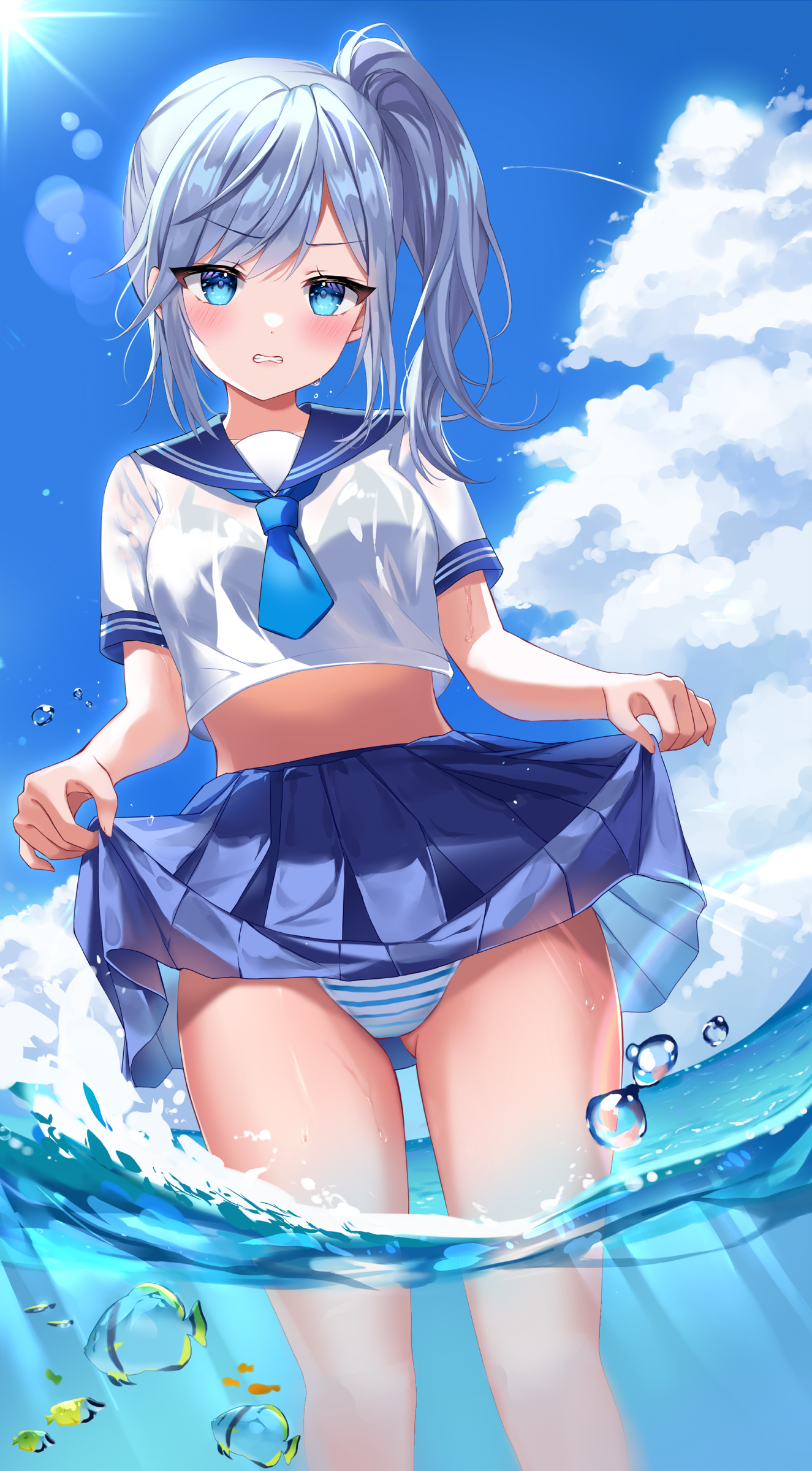 bra mayo_(miyusa) pantsu see_through seifuku shimapan skirt_lift wet wet_clothes