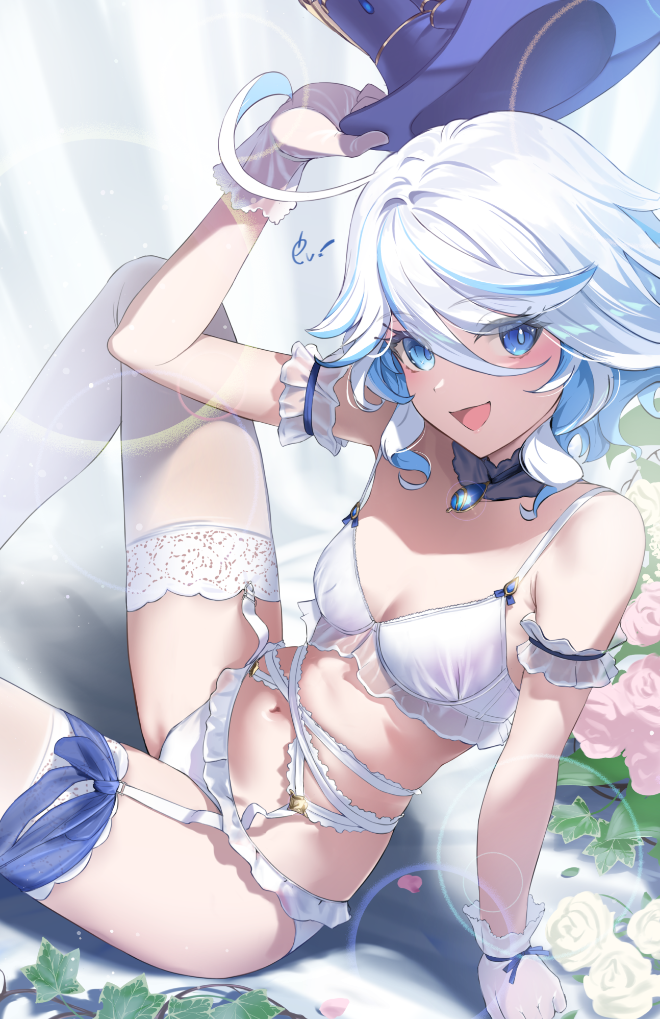 bra ev furina garter_belt genshin_impact heterochromia lingerie pantsu see_through stockings thighhighs