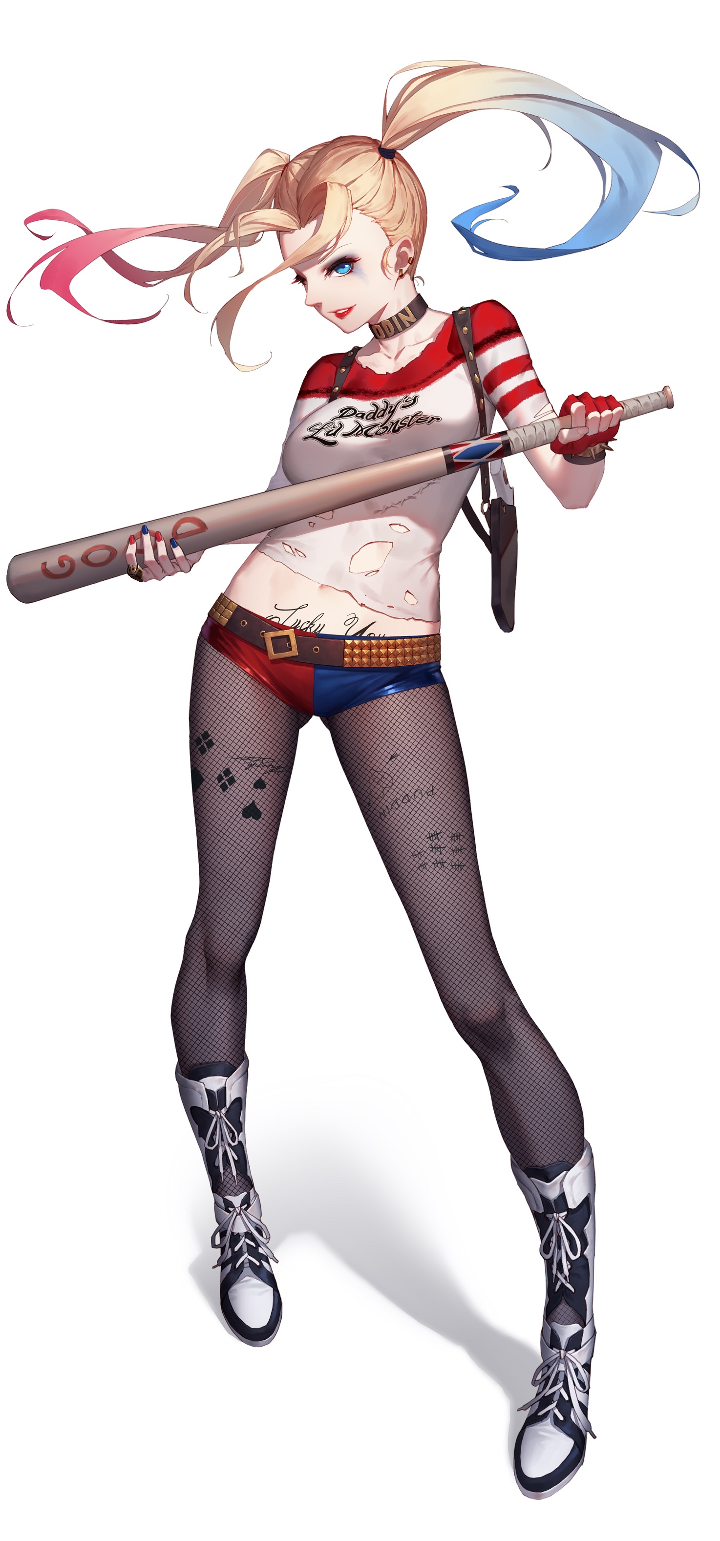batman dc_comics fishnets harley_quinn pantyhose rekaerb_maerd suicide_squad tattoo torn_clothes weapon