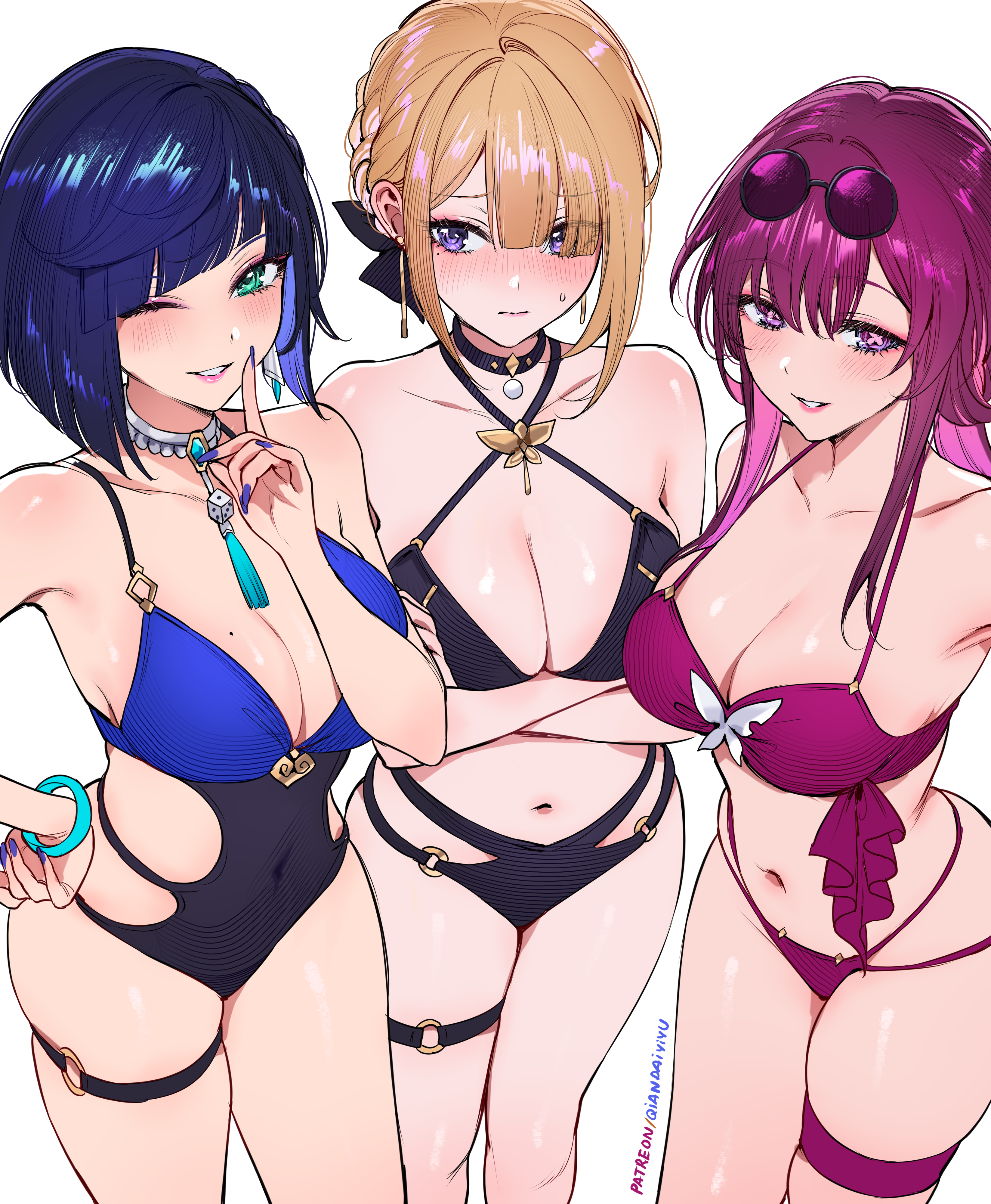 bikini breast_hold crossover evelyn_chevalier garter genshin_impact honkai:_star_rail kafka_(honkai:_star_rail) megane qiandaiyiyu swimsuits thong yelan zenless_zone_zero