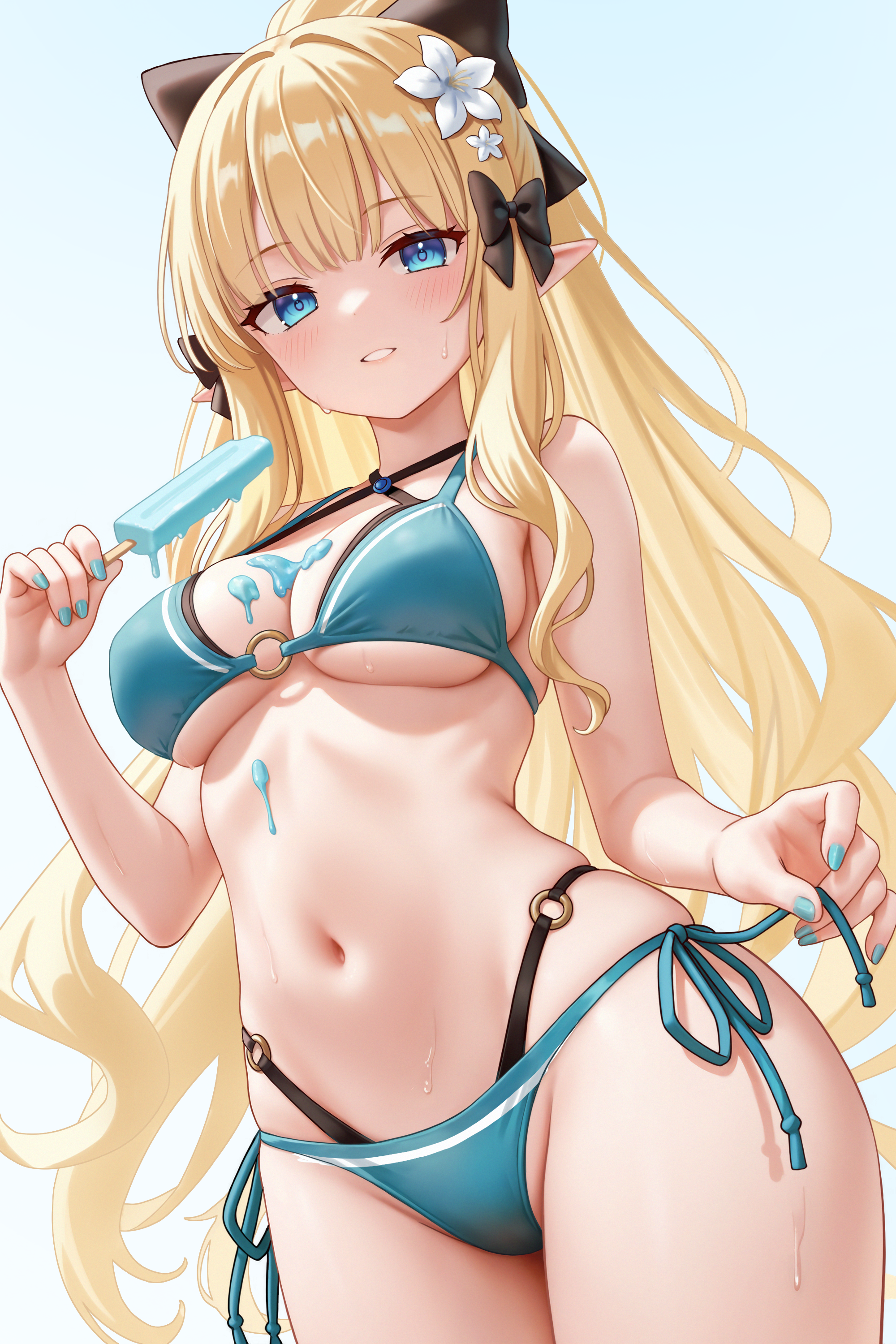 bikini cream elf fanteam pointy_ears princess_connect! princess_connect!_re:dive sasaki_saren swimsuits wet