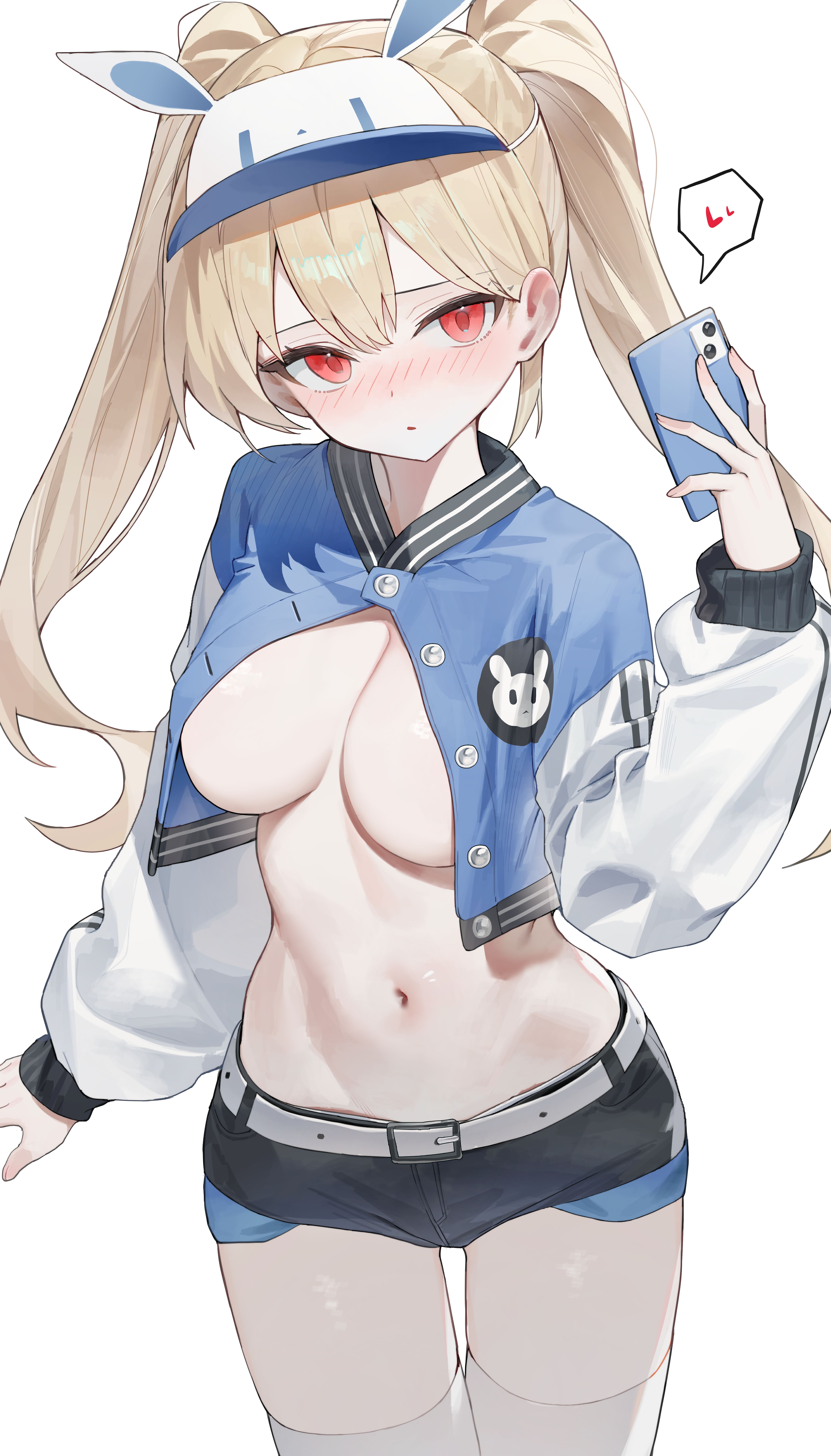 animal_ears baseball_club_mob_(draco) bunny_ears huu_(dighapdlxm12) no_bra open_shirt selfie thighhighs