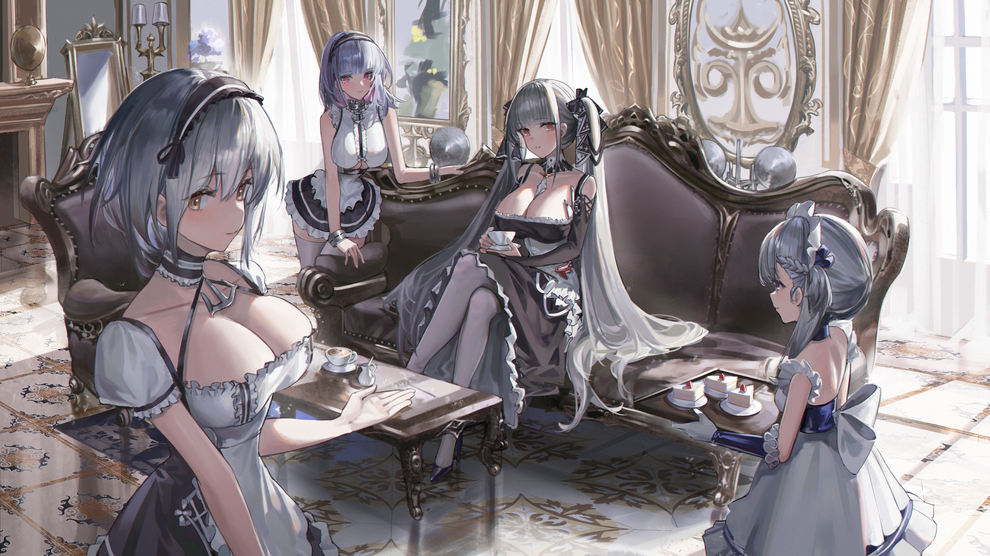 artist_revision azur_lane bel-chan_(azur_lane) belfast_(azur_lane) dido_(azur_lane) formidable_(azur_lane) heels maid nineye no_bra sirius_(azur_lane) thighhighs