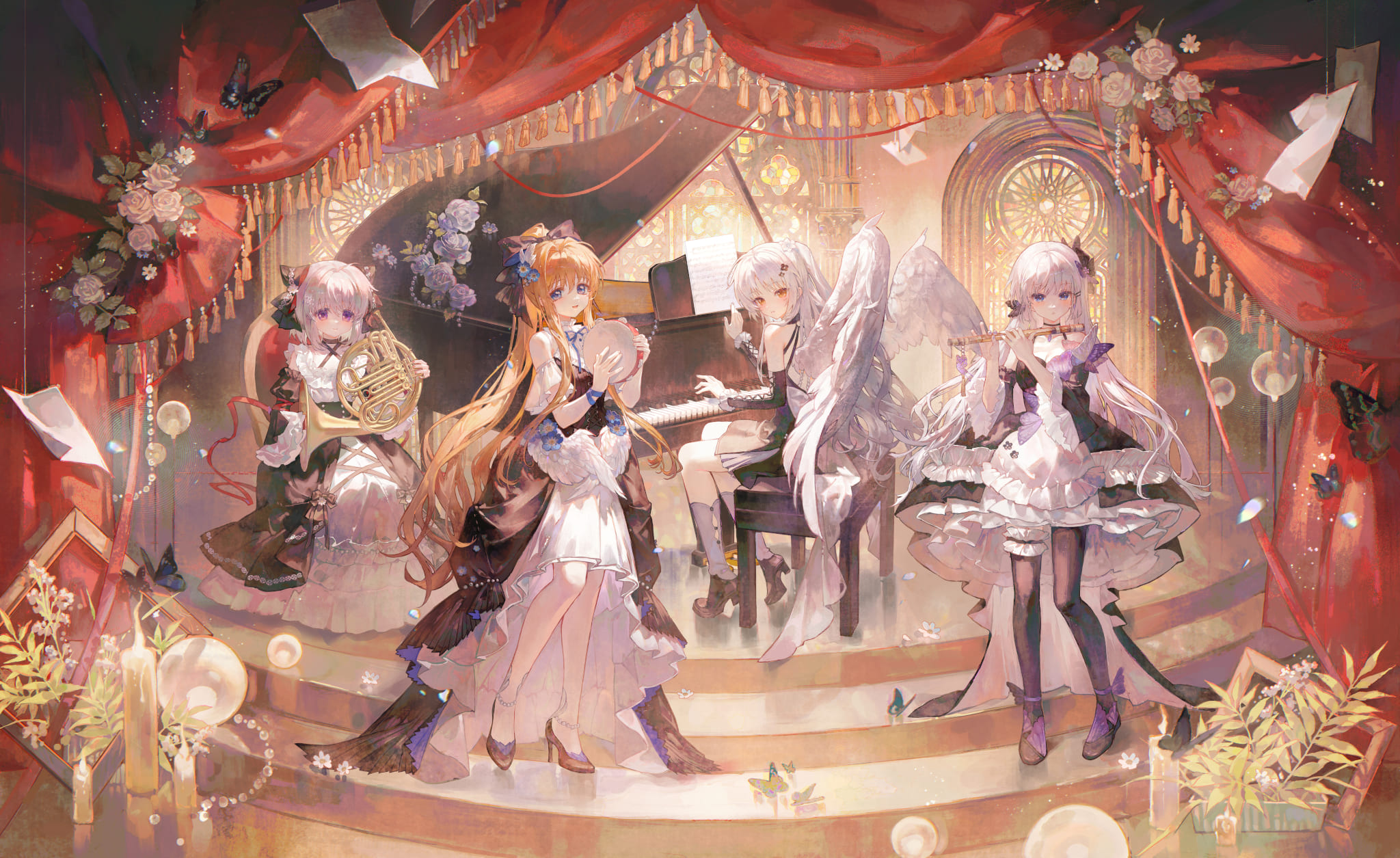 air angel_beats! crossover dress garter heels kagari_(rewrite) kamio_misuzu key matcha naruse_shiroha rewrite summer_pockets tachibana_kanade thighhighs wings