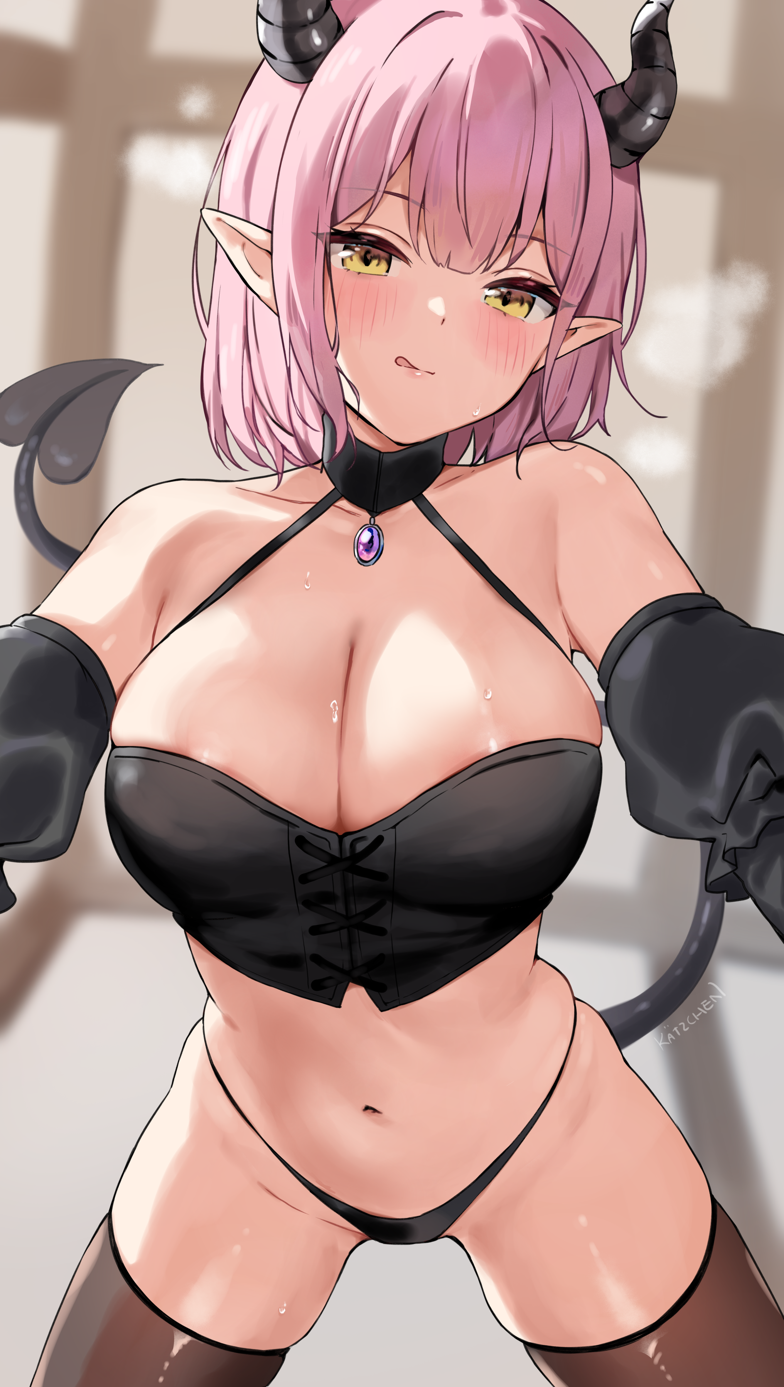 devil horns kaetzchen pantsu pointy_ears tail thighhighs wet