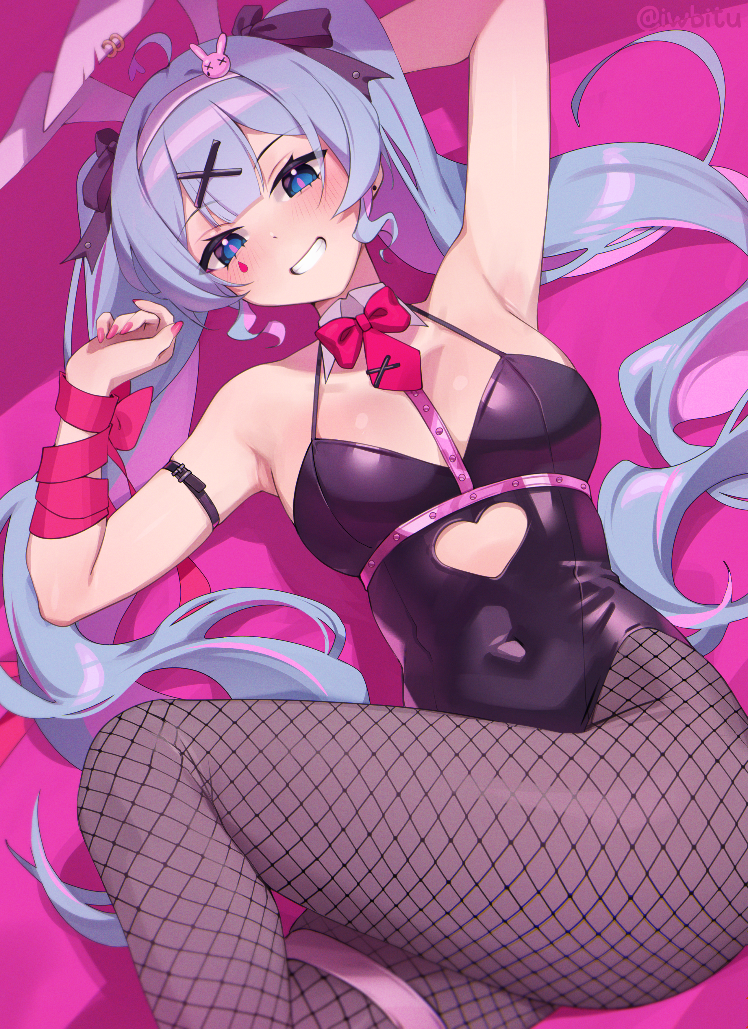 animal_ears bunny_ears bunny_girl fishnets hatsune_miku iwbitu-sa no_bra pantyhose rabbit_hole_(vocaloid) tattoo vocaloid