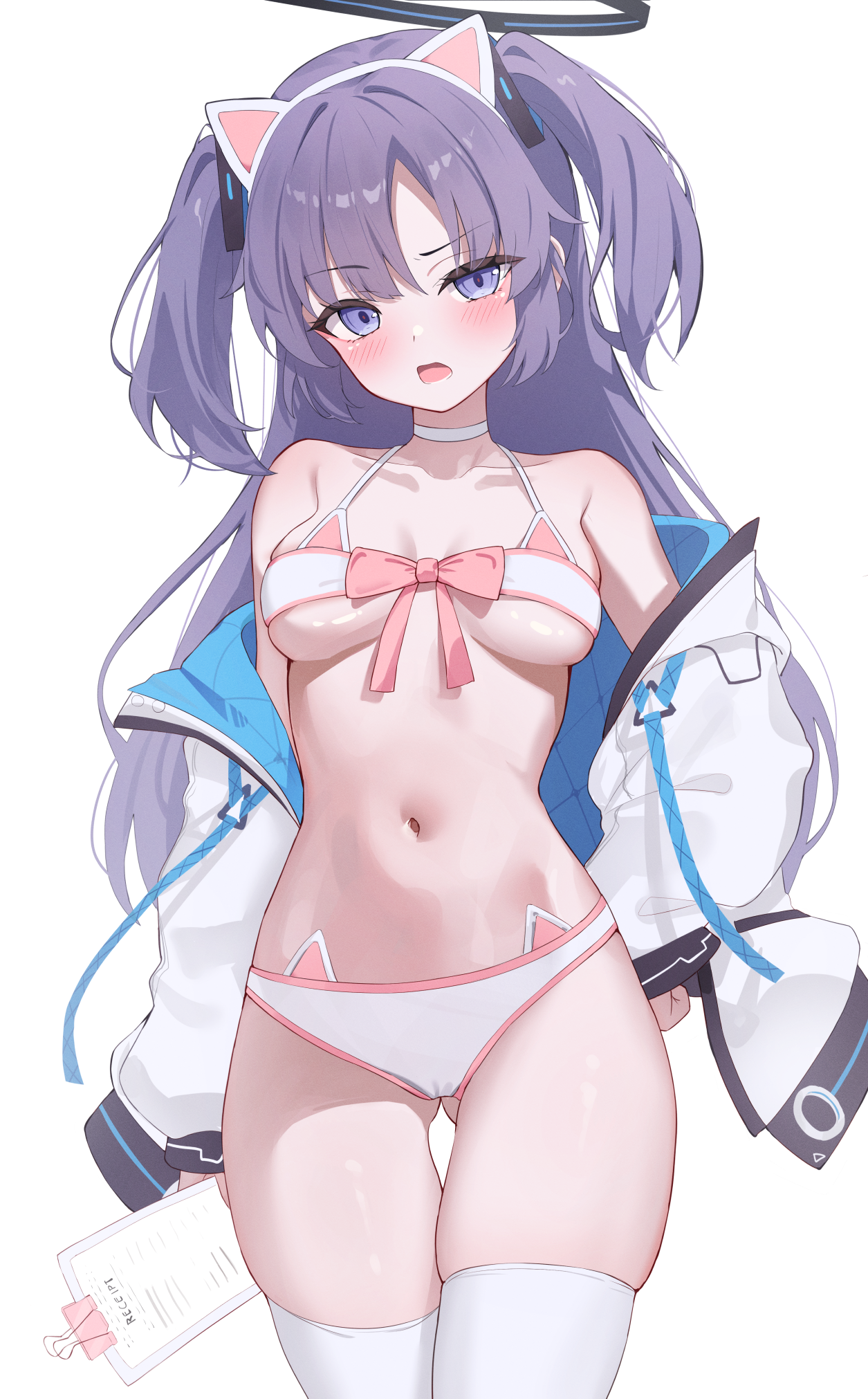 animal_ears bikini bitseon blue_archive cameltoe halo hayase_yuuka nekomimi open_shirt swimsuits thighhighs