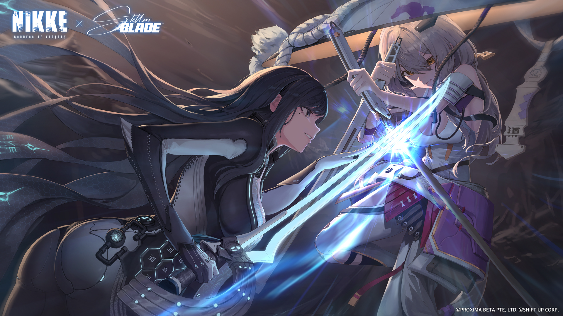 armor bodysuit crossover goddess_of_victory:_nikke raven_(stellar_blade) scarlet_(nikke) stellar_blade sword tagme wallpaper