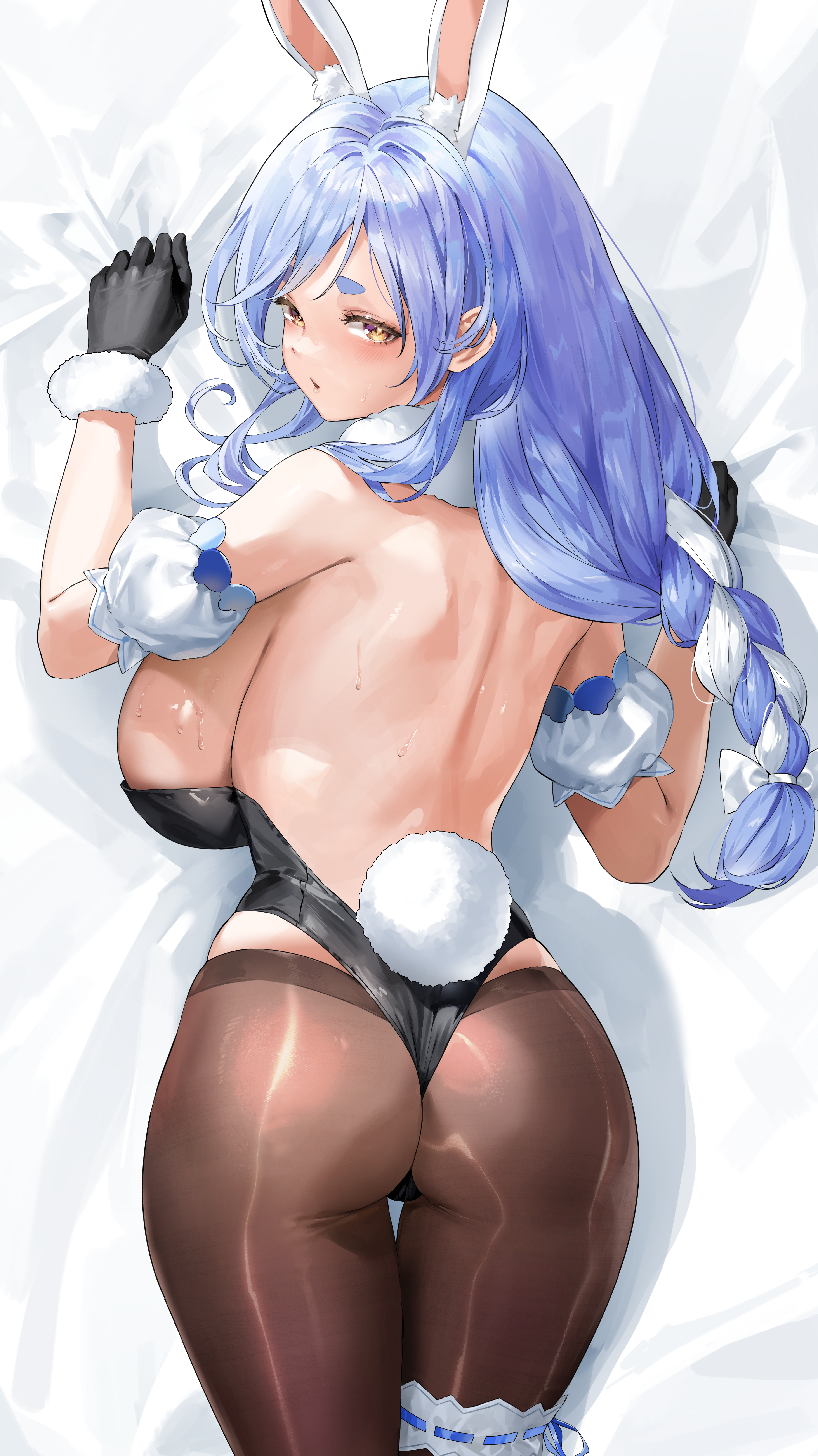 animal_ears ass bunny_ears bunny_girl dakimakura garter hololive kuroi_suna no_bra pantyhose pekomama tail wet