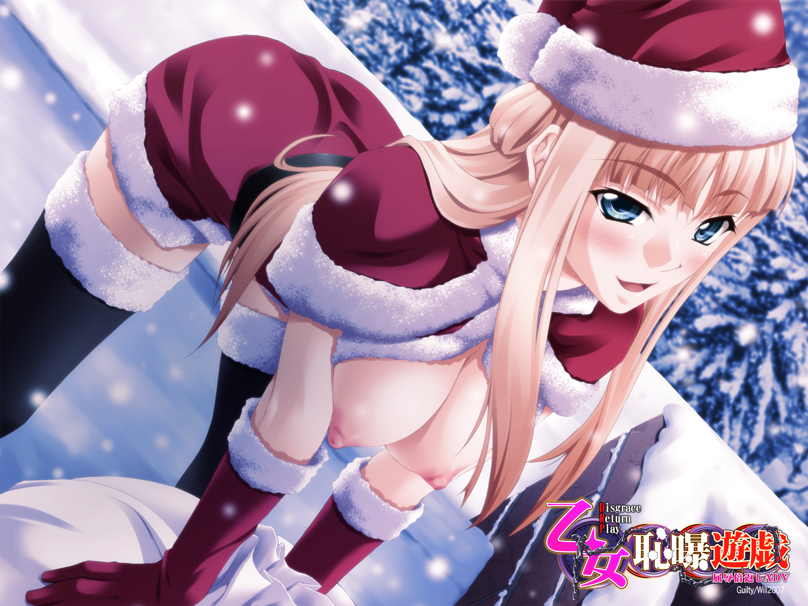 breasts christmas guilty kuraki_hiro mimasaka_nanao nipples no_bra open_shirt otome_chibaku_yuugi thighhighs wallpaper