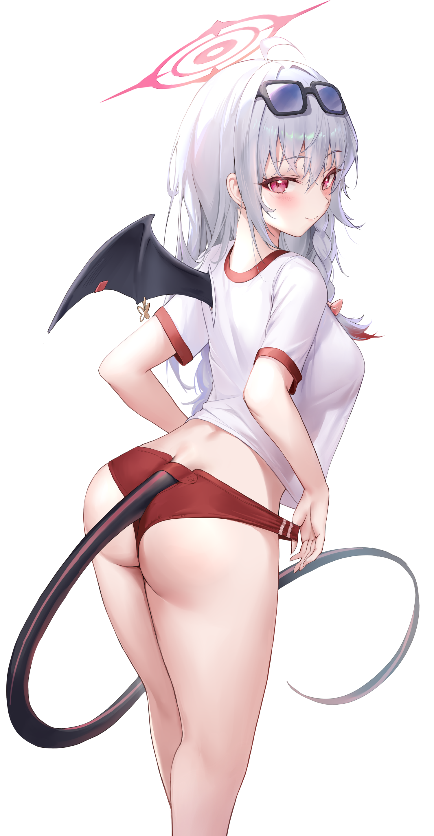 ass blue_archive buruma devil gym_uniform halo kurodate_haruna megane pdxen see_through tail undressing wings