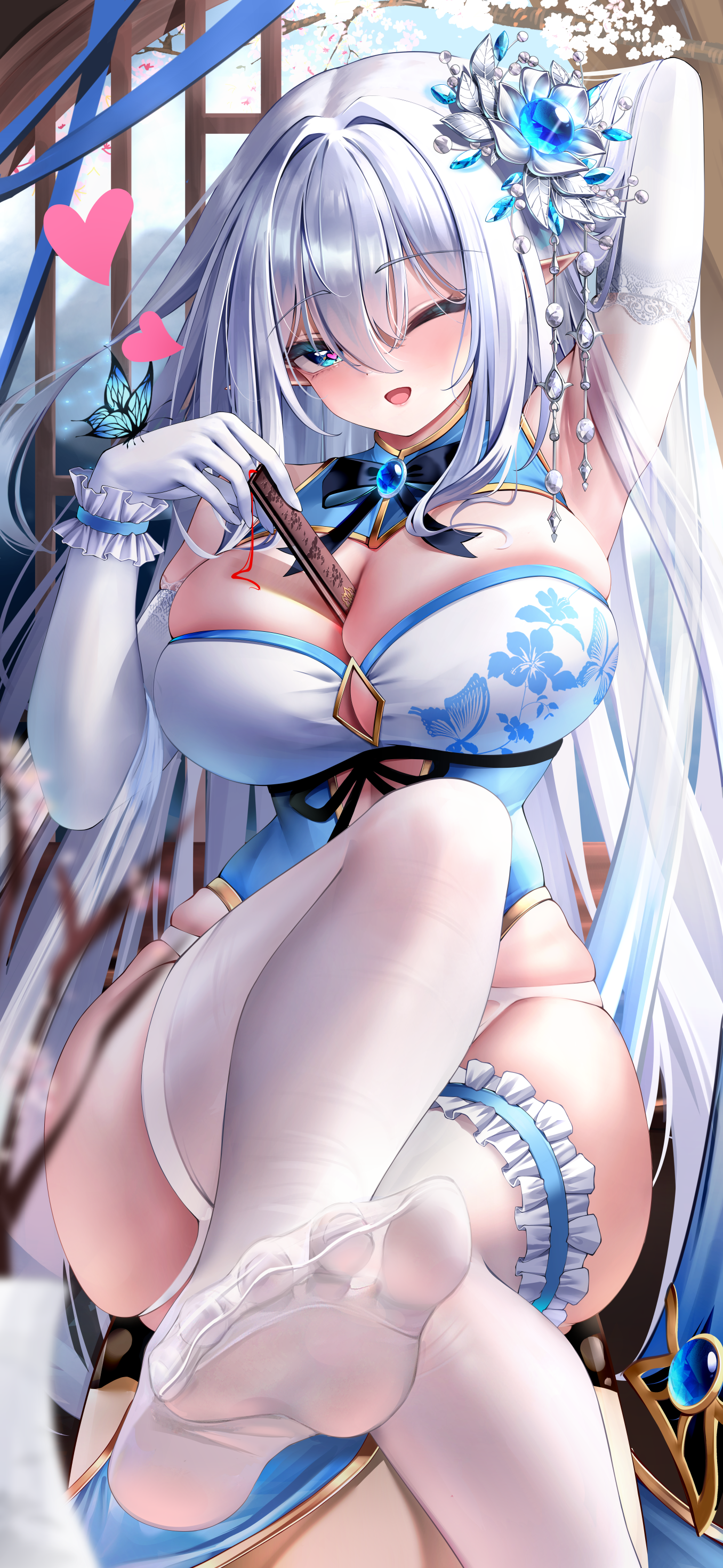 chinadress feet garter mepurin_(scarlet59833) no_bra pantsu pointy_ears stockings thighhighs