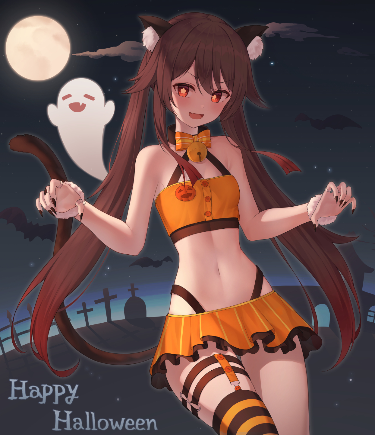 animal_ears garter genshin_impact halloween hanavvi hu_tao nekomimi pantsu stockings tail thighhighs