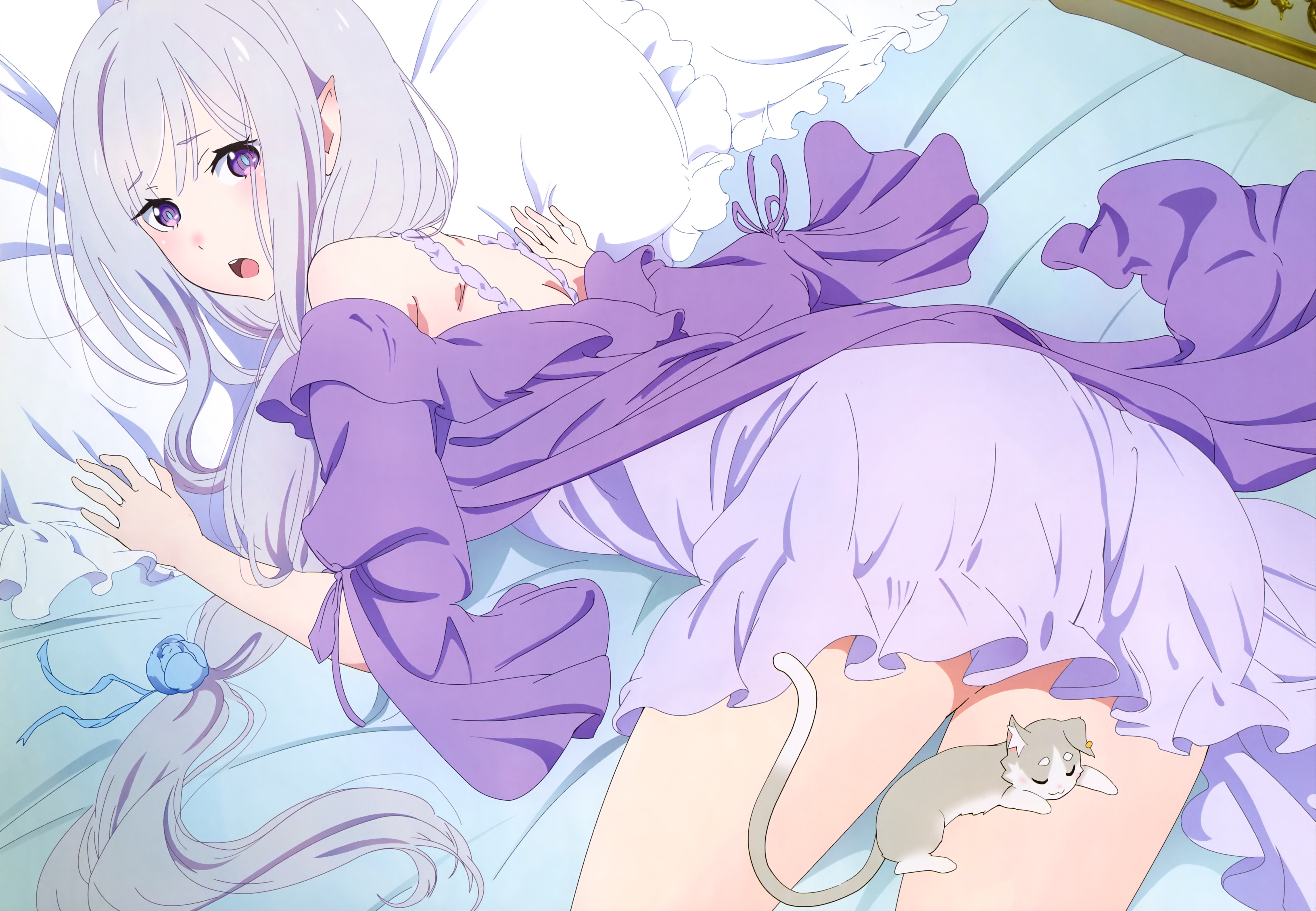 ass dress elf emilia_(re_zero) neko pack_(re_zero) pointy_ears re:zero_kara_hajimeru_isekai_seikatsu