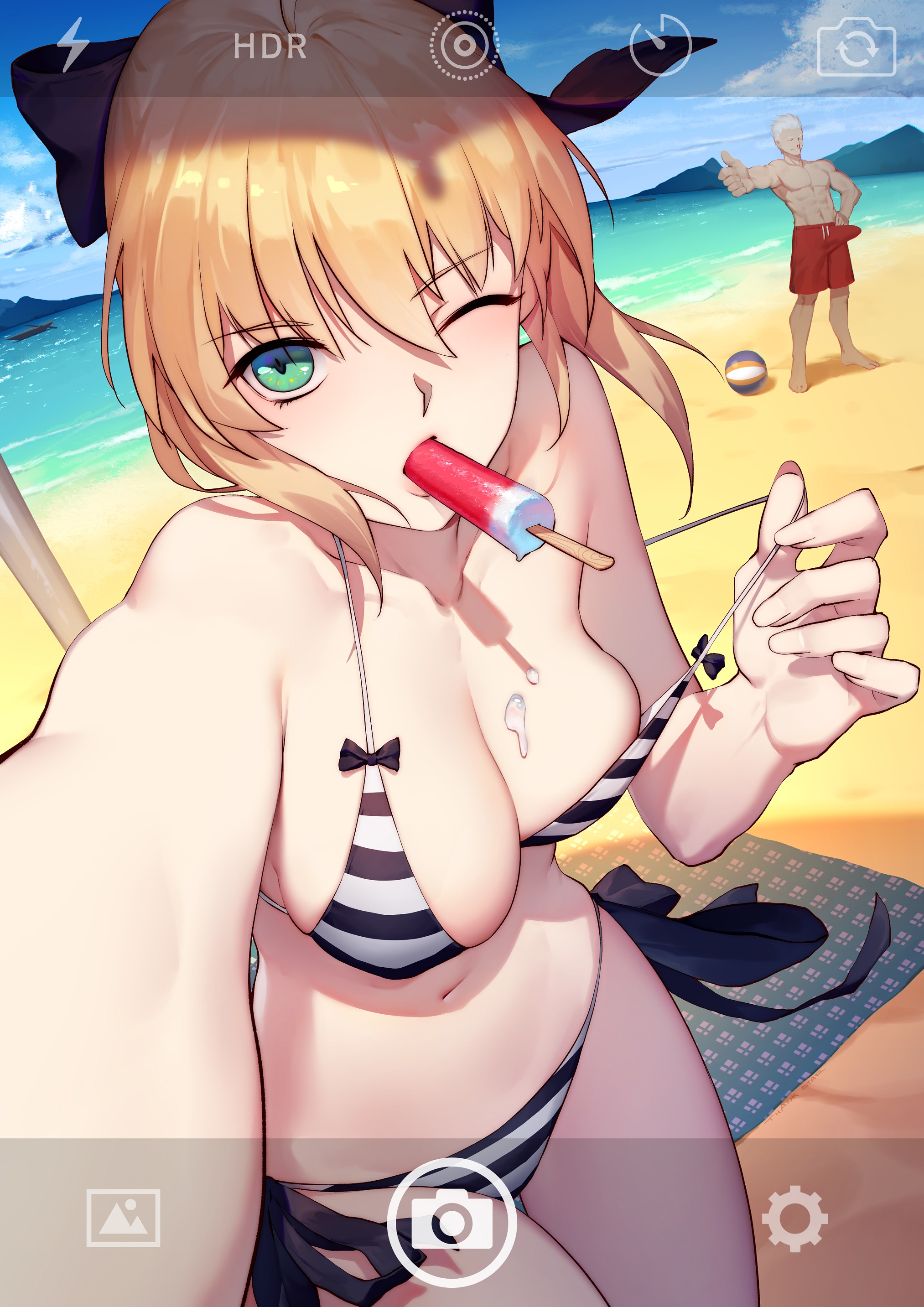 archer artoria_pendragon_(fate) bikini cleavage cream fate/stay_night rekaerb_maerd swimsuits