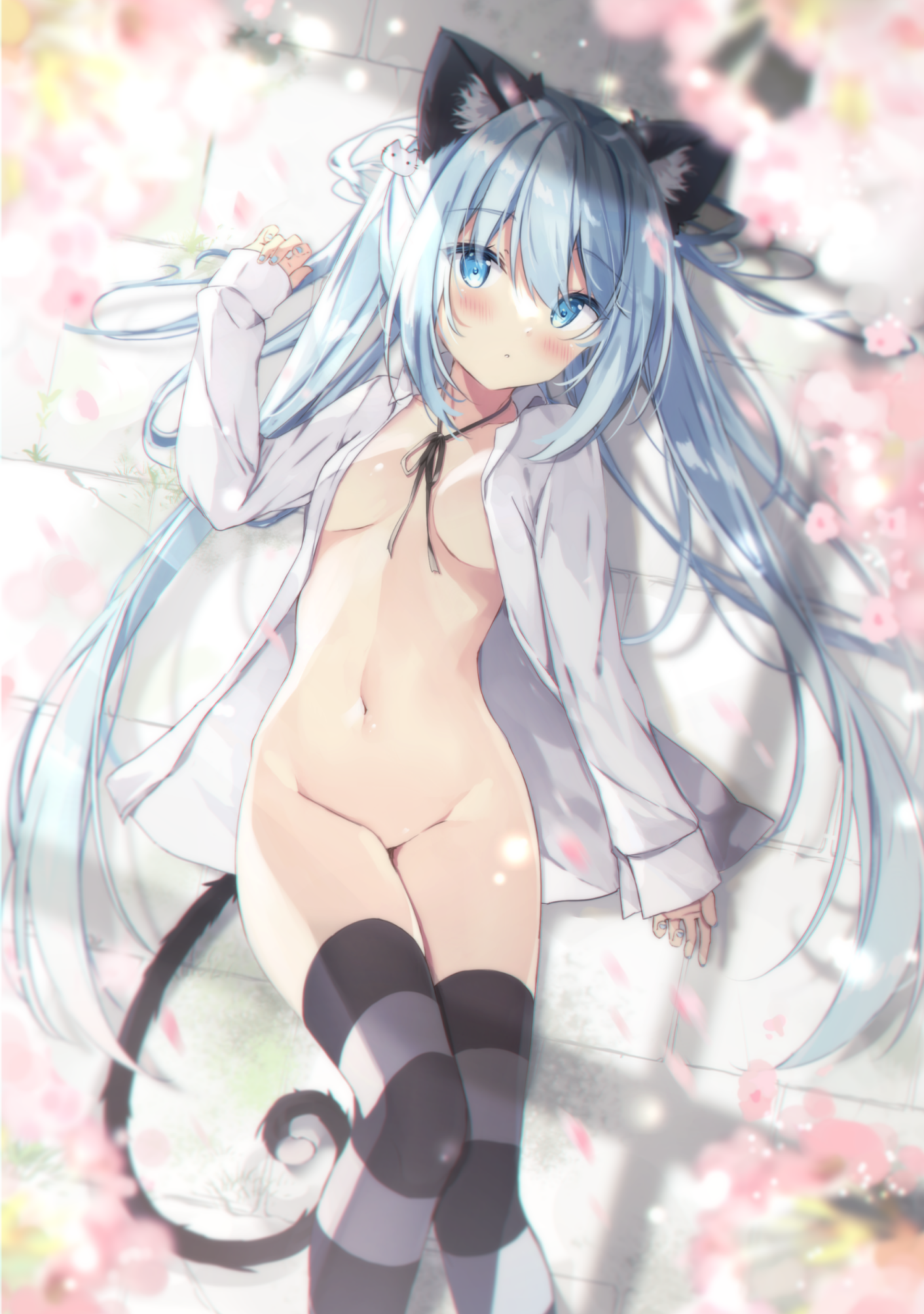 animal_ears bottomless dress_shirt gabu nekomimi no_bra open_shirt saeki_sola tail thighhighs