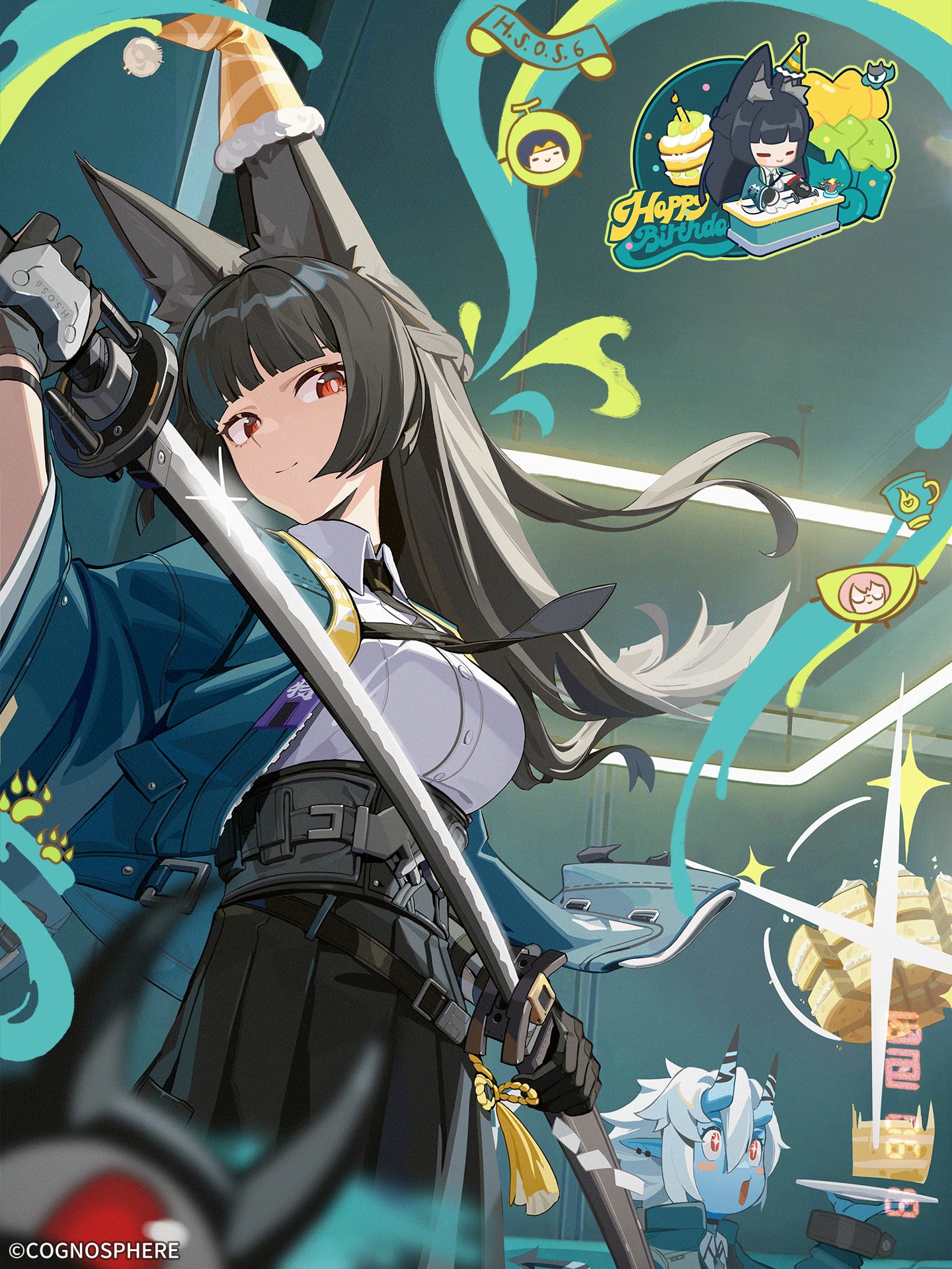 animal_ears chibi horns hoshimi_miyabi kitsune pointy_ears soukaku sword tagme uniform zenless_zone_zero