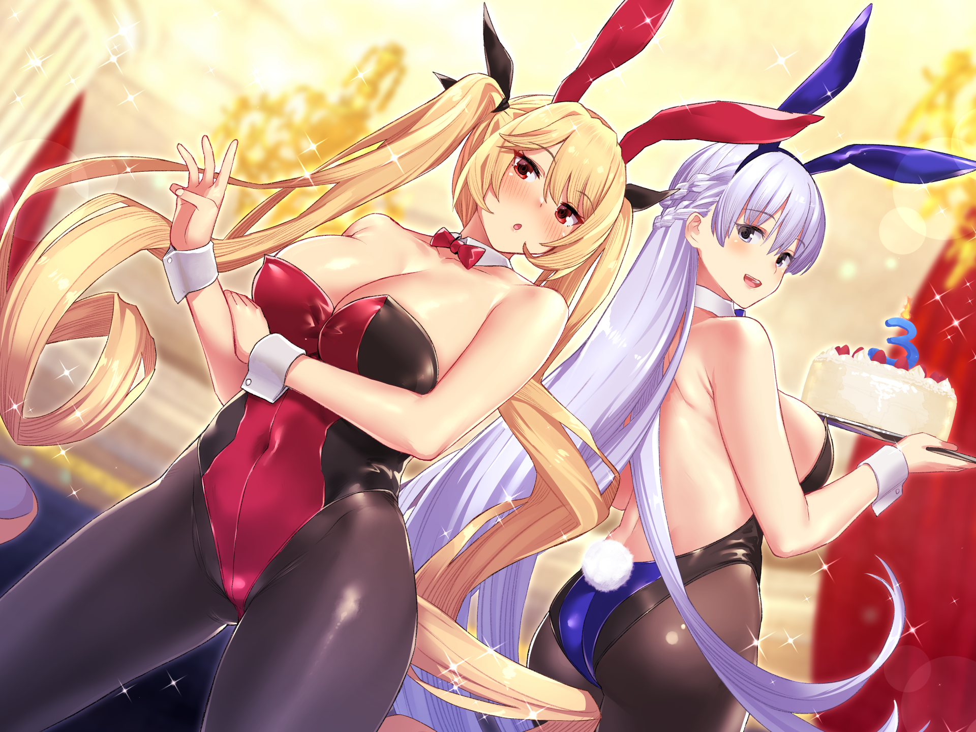 animal_ears ass azur_lane batsu breast_hold bunny_ears bunny_girl nelson_(azur_lane) no_bra pantyhose rodney_(azur_lane) tail