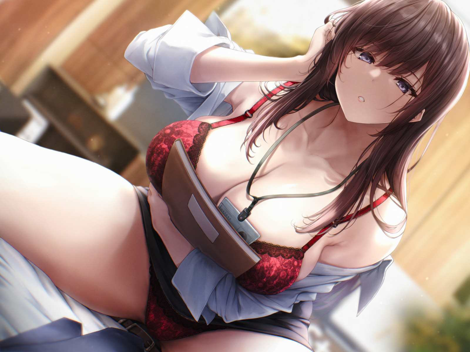 bra dress_shirt jk_ssma lingerie open_shirt pantsu skirt_lift wallpaper