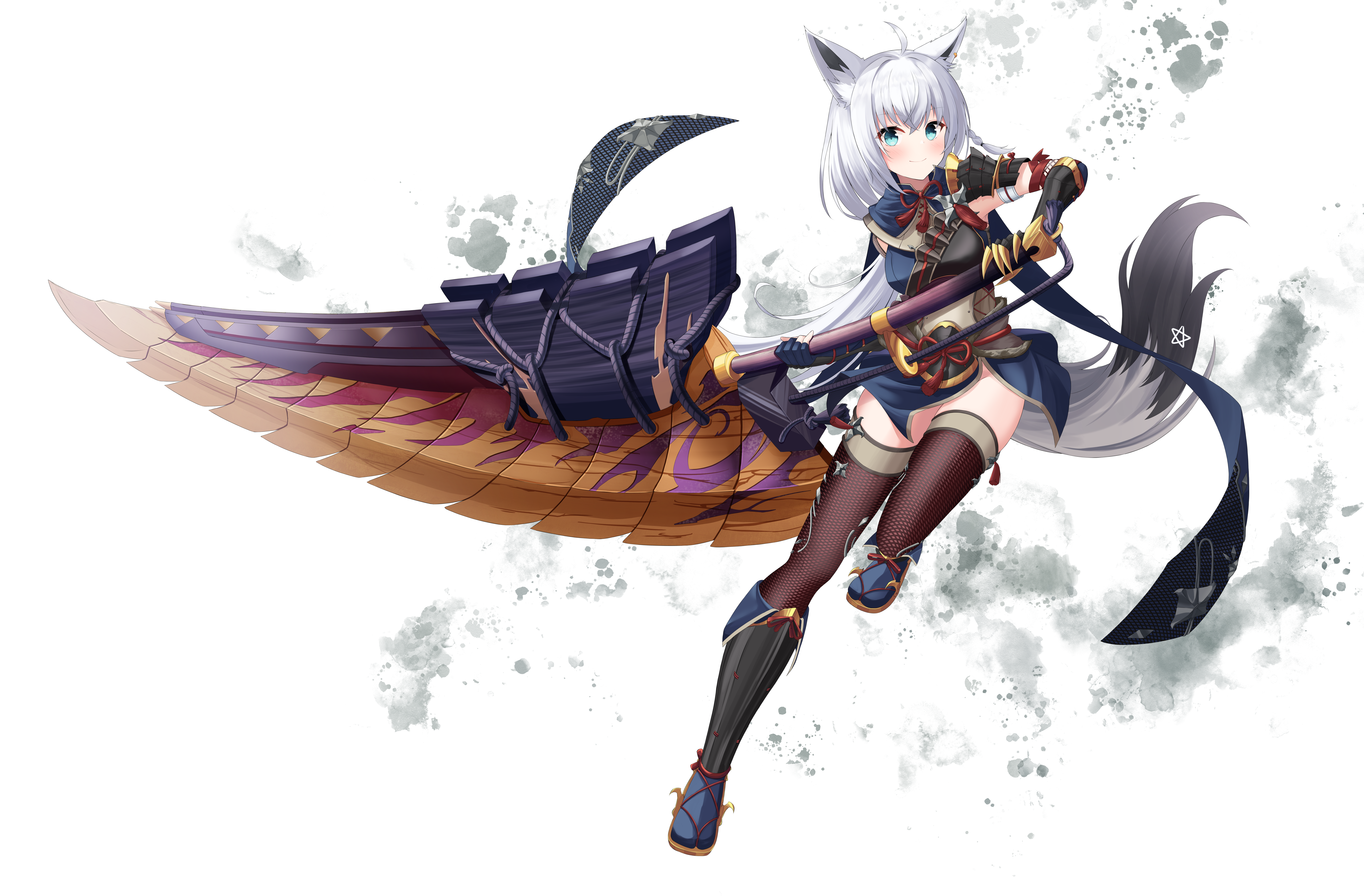 animal_ears hololive hololive_gamers japanese_clothes kitsune monster_hunter_rise saio425 shirakami_fubuki tail thighhighs weapon