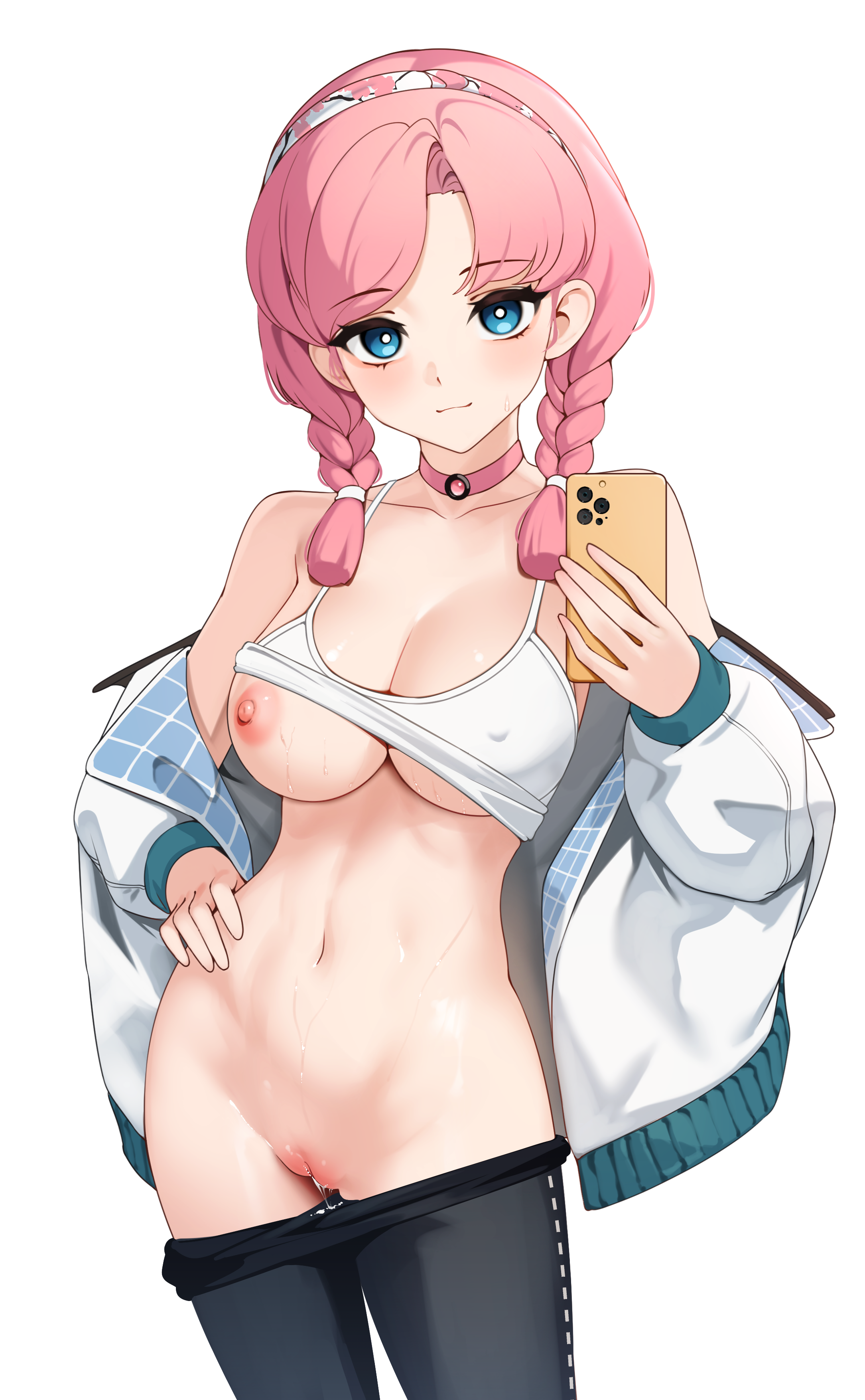 arknights blue_poison_(arknights) bra breasts erect_nipples ett nipples nopan open_shirt pussy pussy_juice selfie uncensored wet