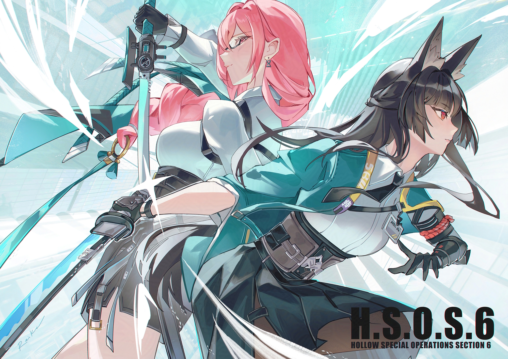 animal_ears armor hoshimi_miyabi kitsune megane pantyhose reika_(reikadraws) skirt_lift sword tsukishiro_yanagi uniform zenless_zone_zero