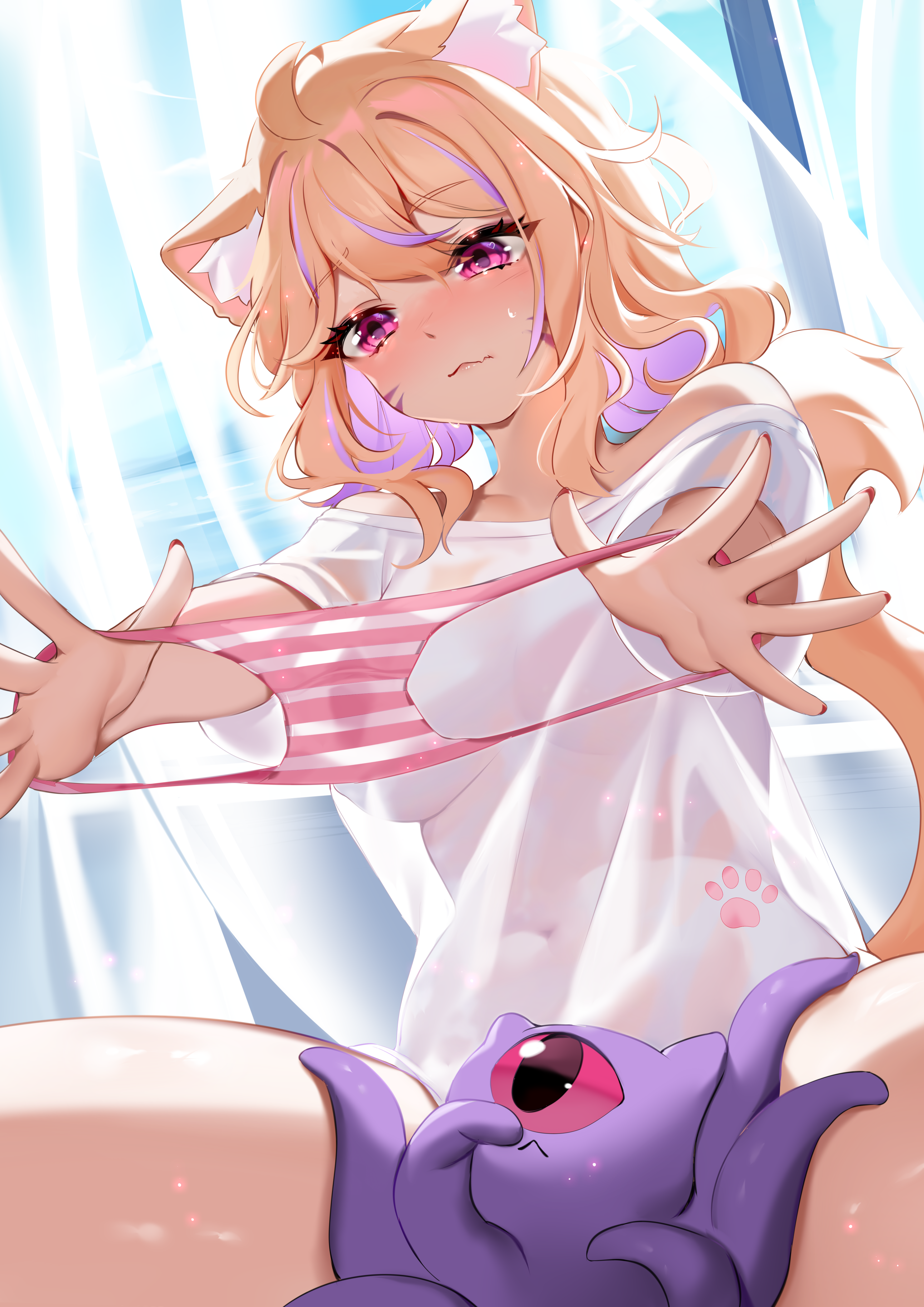 animal_ears indie_virtual_youtuber nekomimi no_bra pantsu see_through shimapan shyrei_faolan squchan tail tattoo