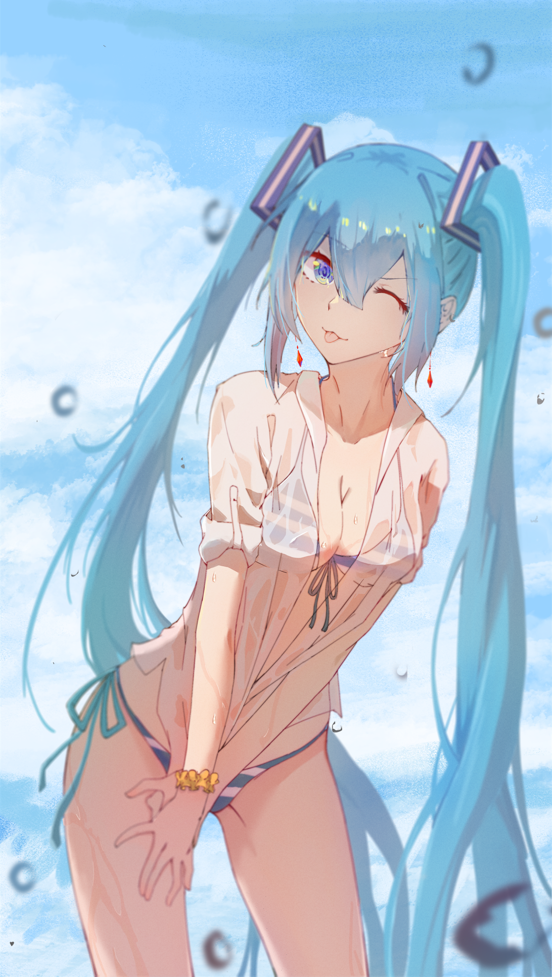 bikini bsmycc cleavage dress_shirt hatsune_miku open_shirt see_through swimsuits vocaloid wet wet_clothes