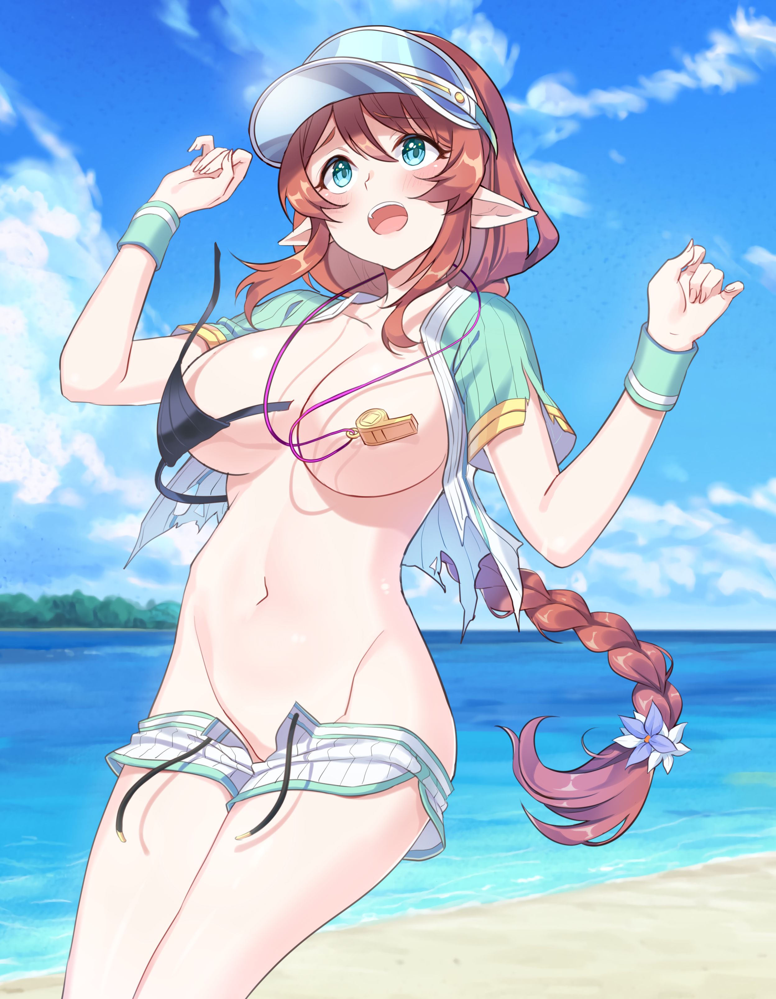 aikawa_misato bikini_top breasts goyain nopan open_shirt pointy_ears princess_connect! princess_connect!_re:dive swimsuits torn_clothes wardrobe_malfunction