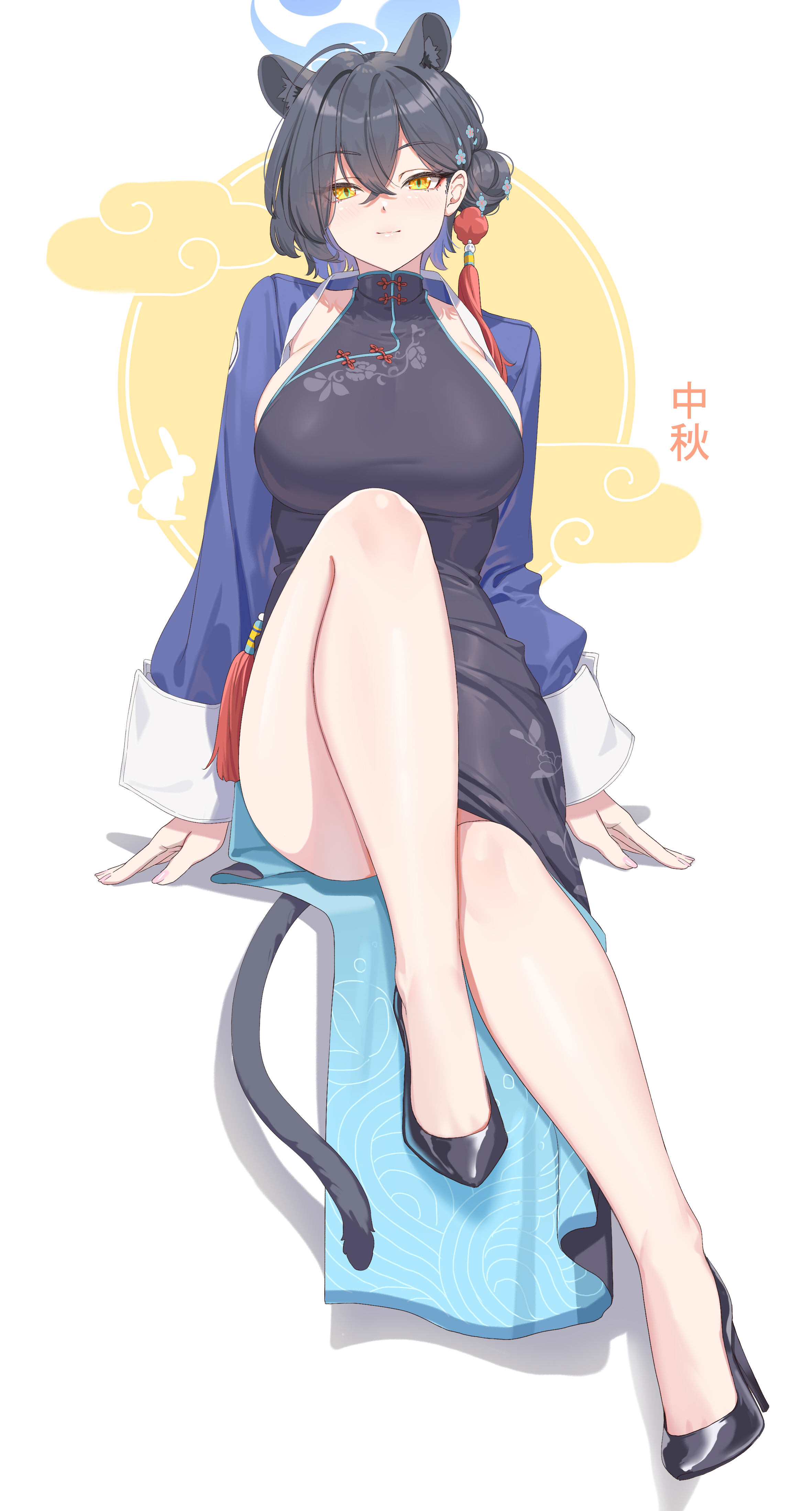 animal_ears asian_clothes blue_archive fangxiang_cuoluan halo heels skirt_lift tail urushibara_kaguya