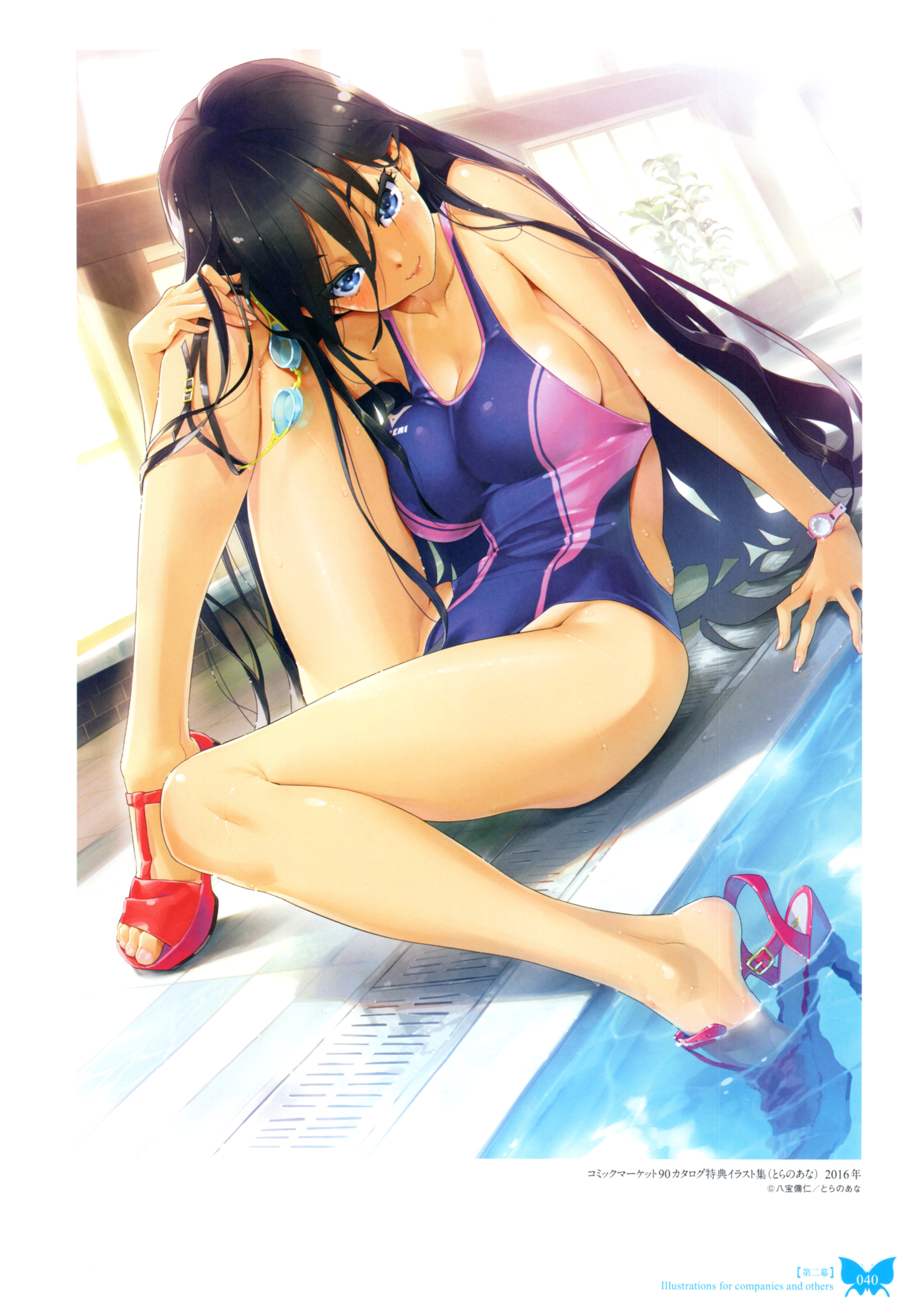 happoubi_jin heels swimsuits tan_lines wet