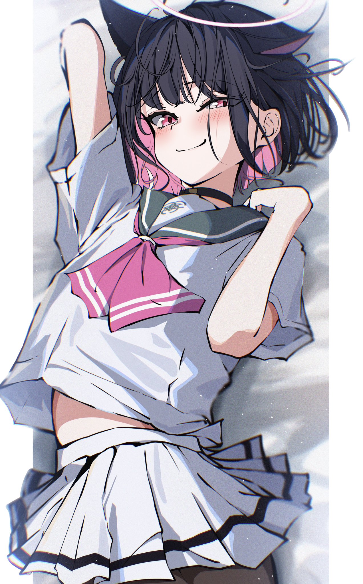 animal_ears blue_archive halo kyouyama_kazusa nekomimi pantyhose seifuku skirt_lift tagme