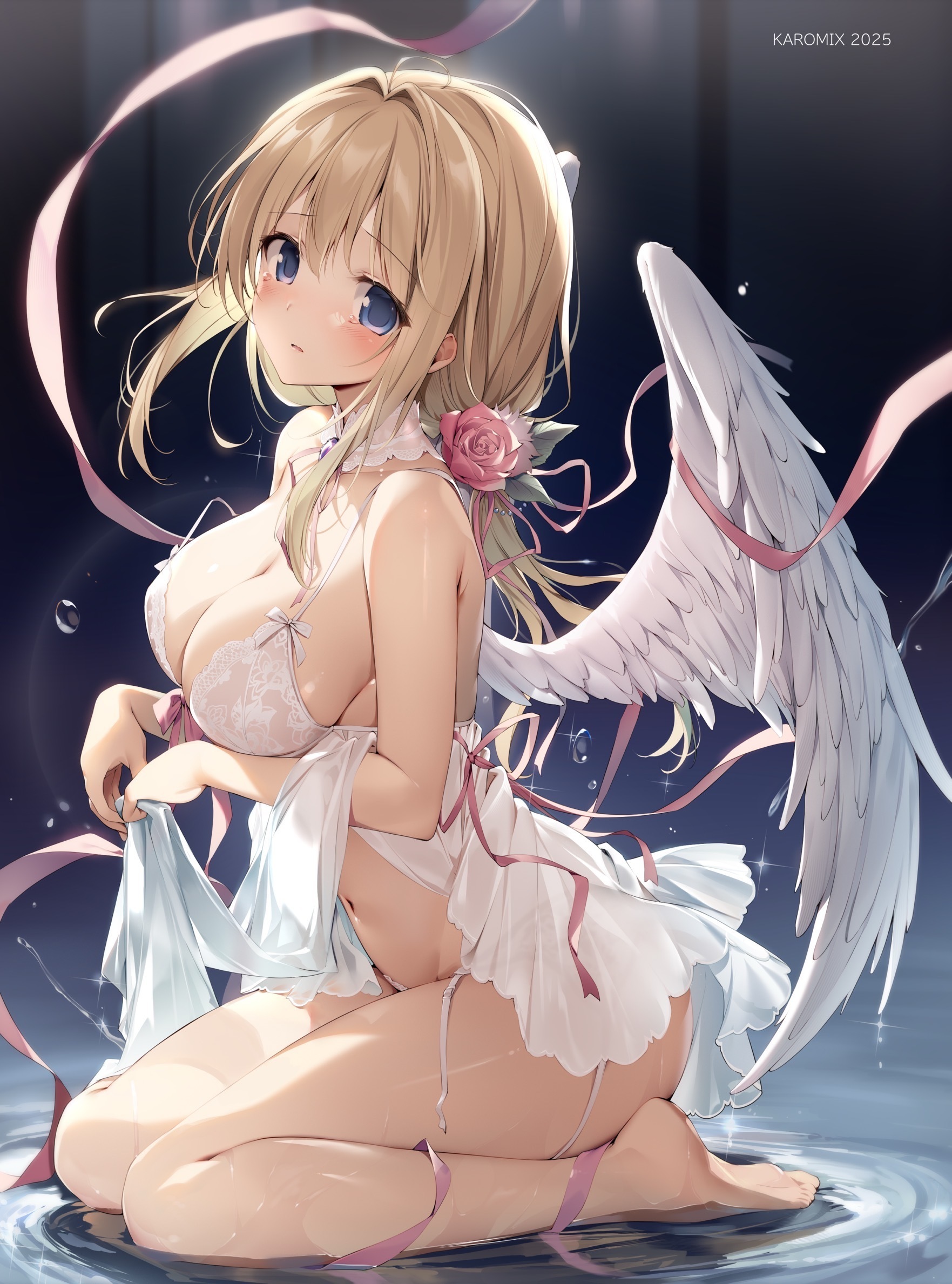 garter_belt karomix karory lingerie pantsu see_through tenshi-chan_(karory) wet wings