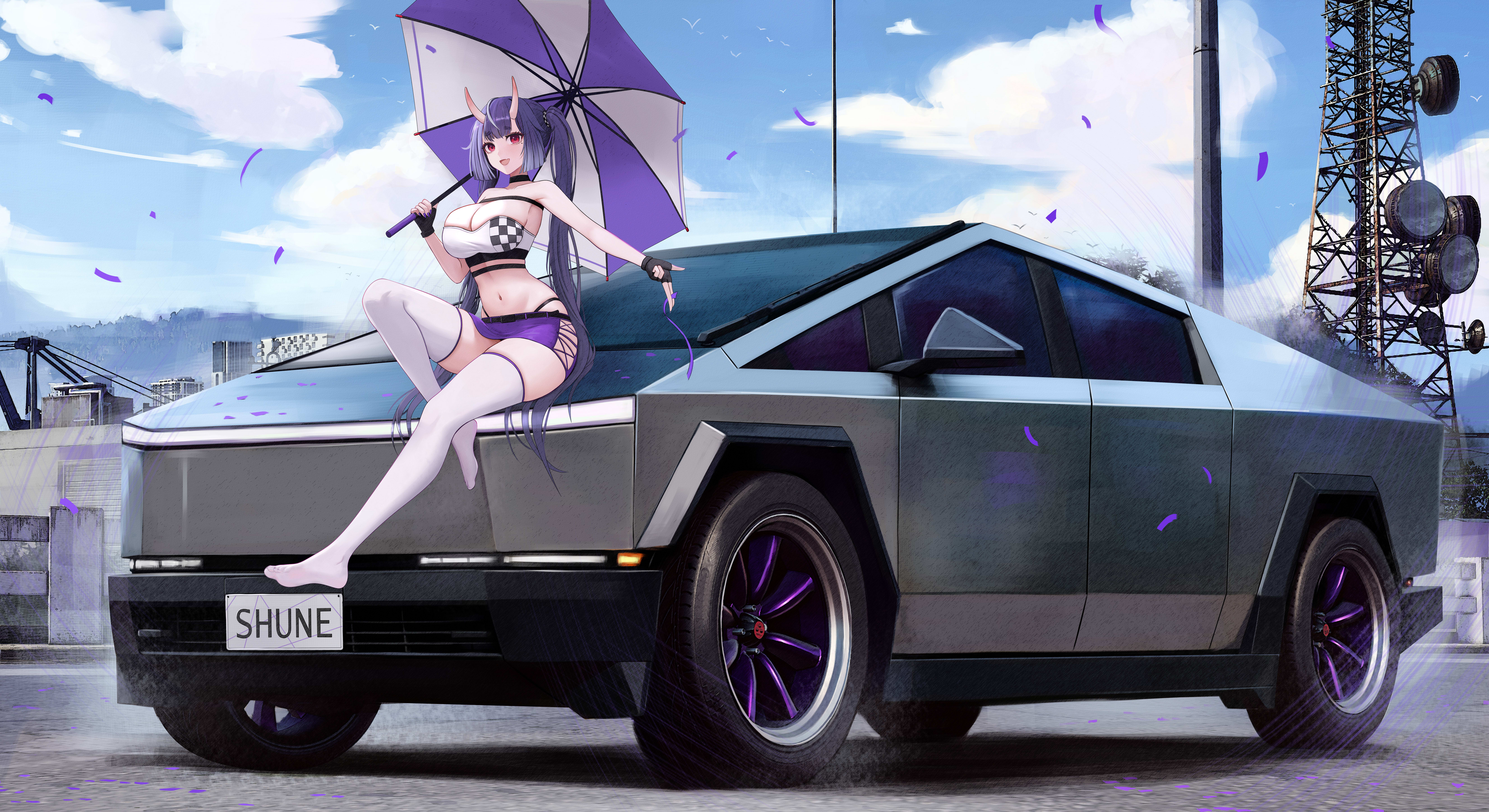 horns kcar66t no_bra skirt_lift thighhighs umbrella