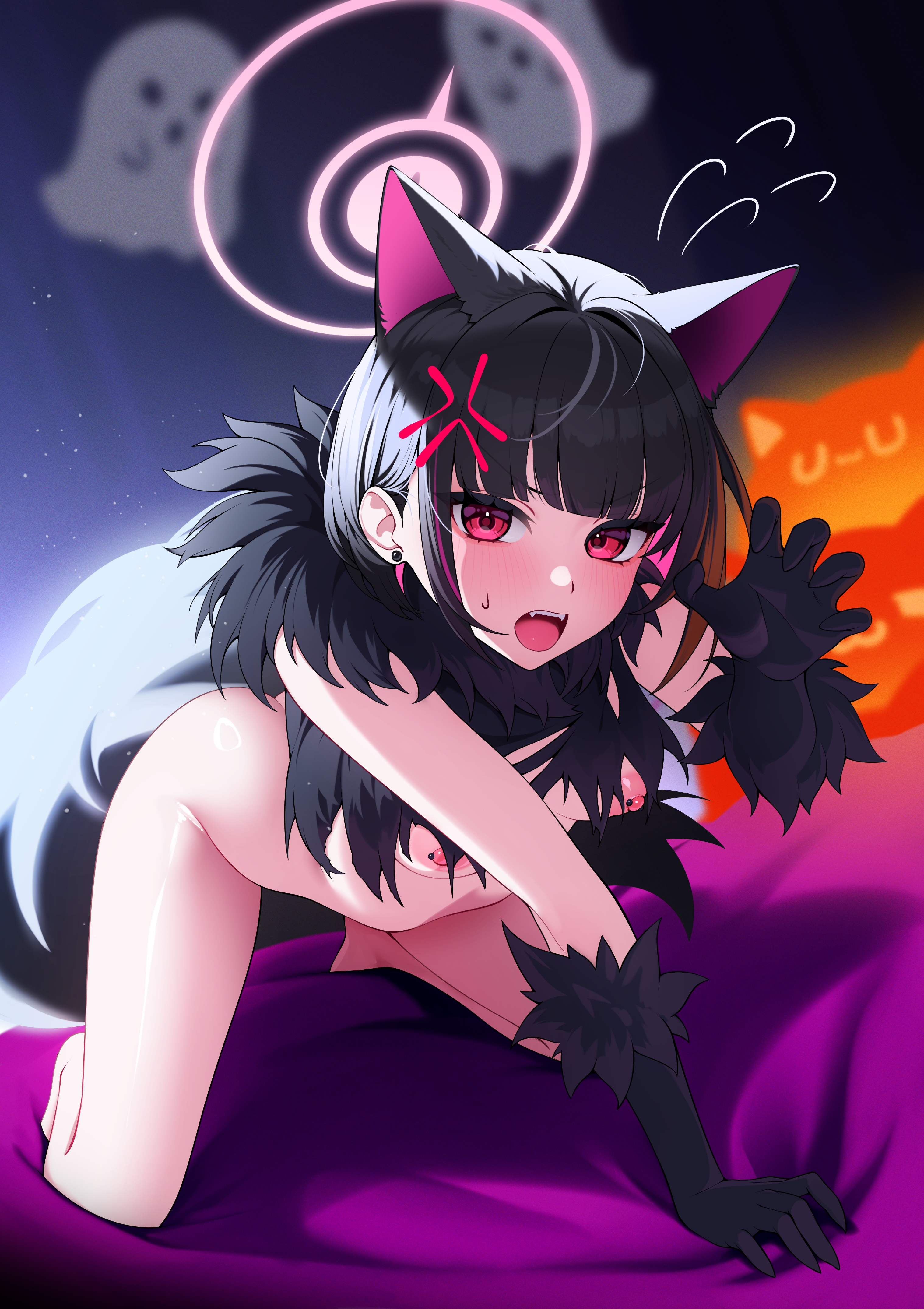 animal_ears blue_archive bottomless breasts ett halloween halo kyouyama_kazusa nekomimi nipples no_bra tail torn_clothes