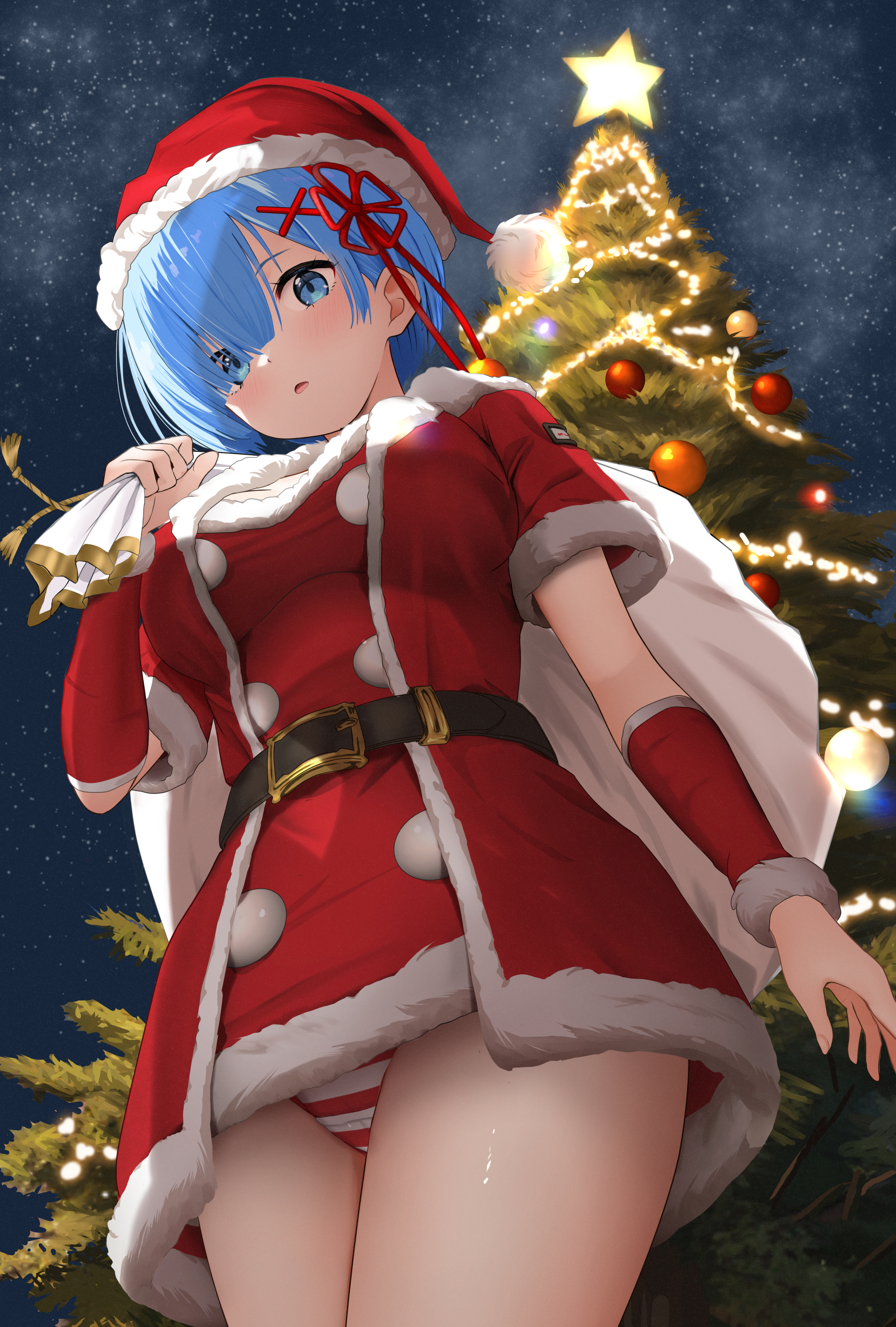 christmas dress gibun_(sozoshu) pantsu re:zero_kara_hajimeru_isekai_seikatsu rem_(re_zero) shimapan skirt_lift