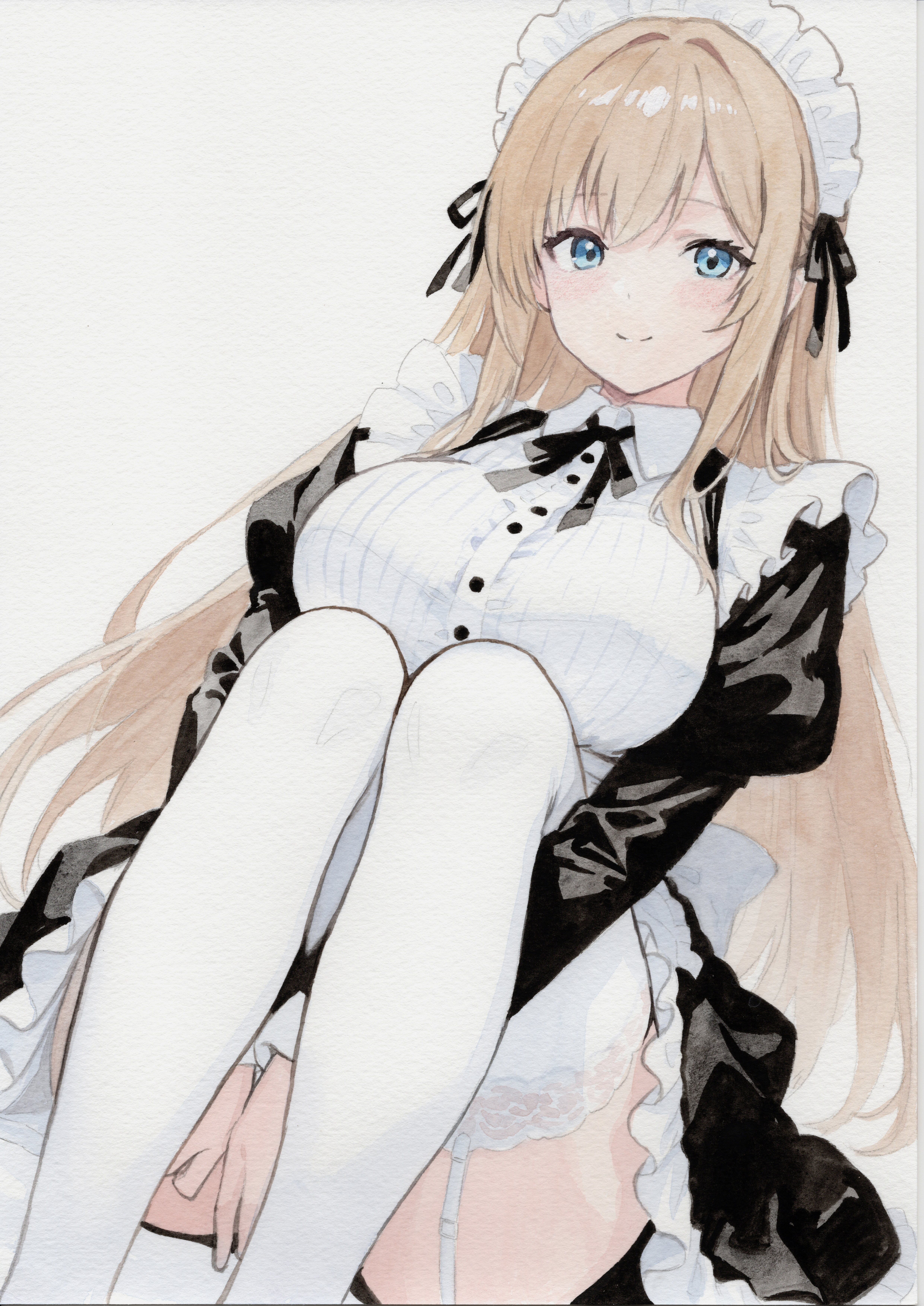 maid paper_texture skirt_lift stockings tagme thighhighs