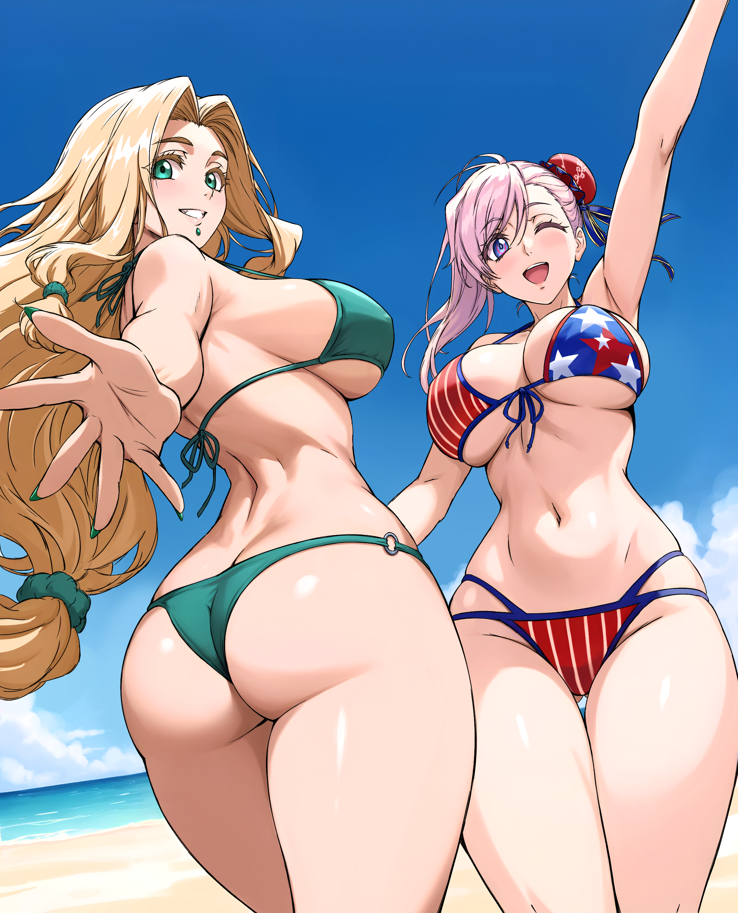 ass bikini fate/grand_order miyamoto_musashi_(fate) quetzal_coatl_(fate) swimsuits thong zantyarz