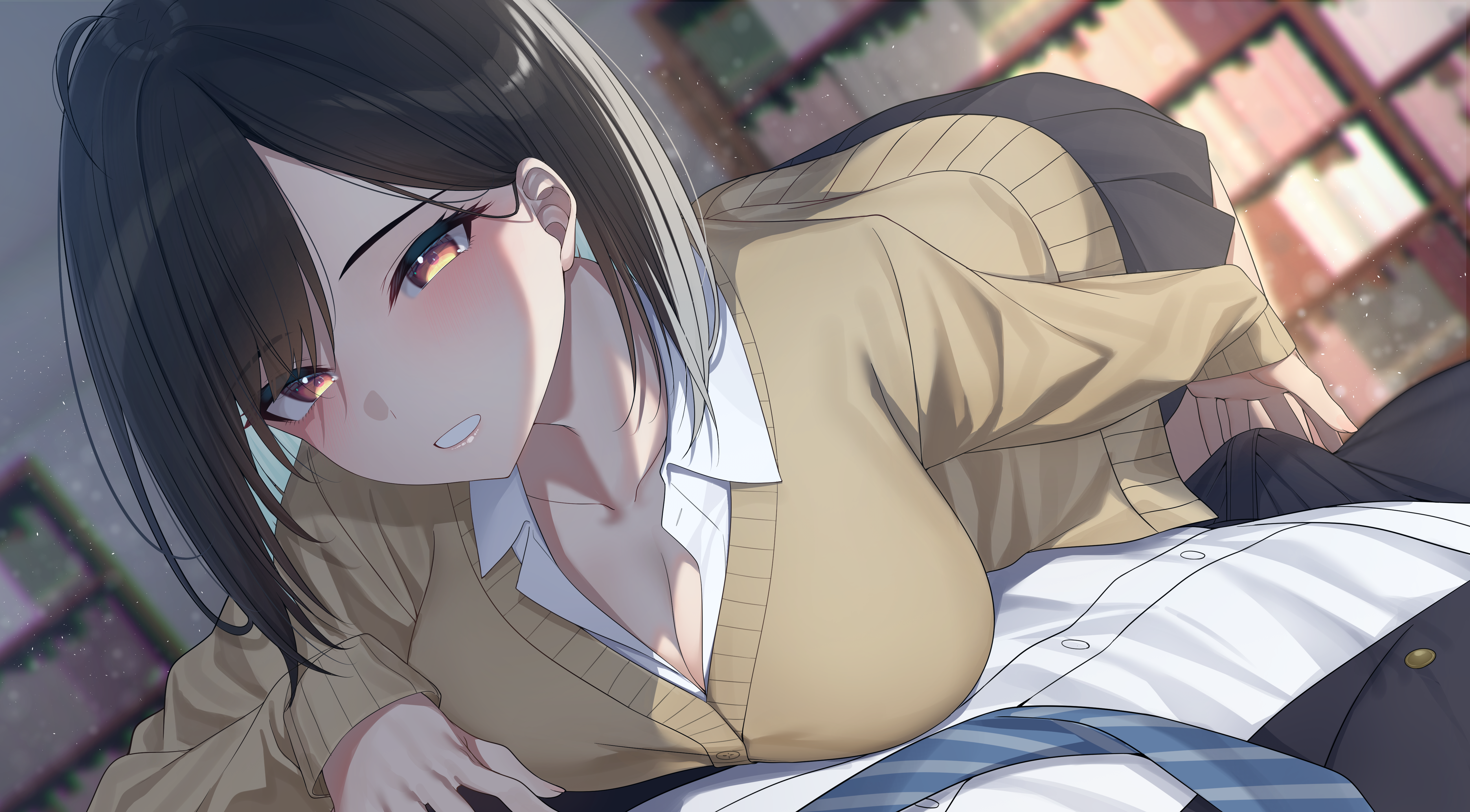 cleavage go-1 handjob open_shirt seifuku sweater