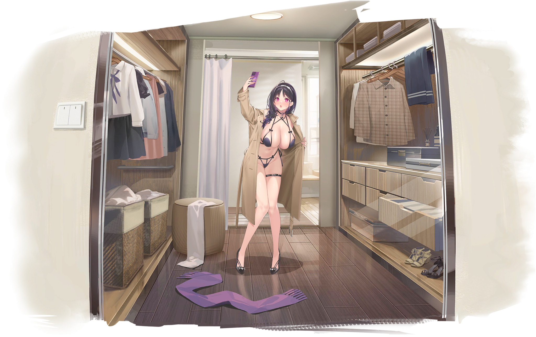 azur_lane bra garter heels lingerie open_shirt pantsu popqn selfie thong ting_an_(azur_lane) transparent_png undressing