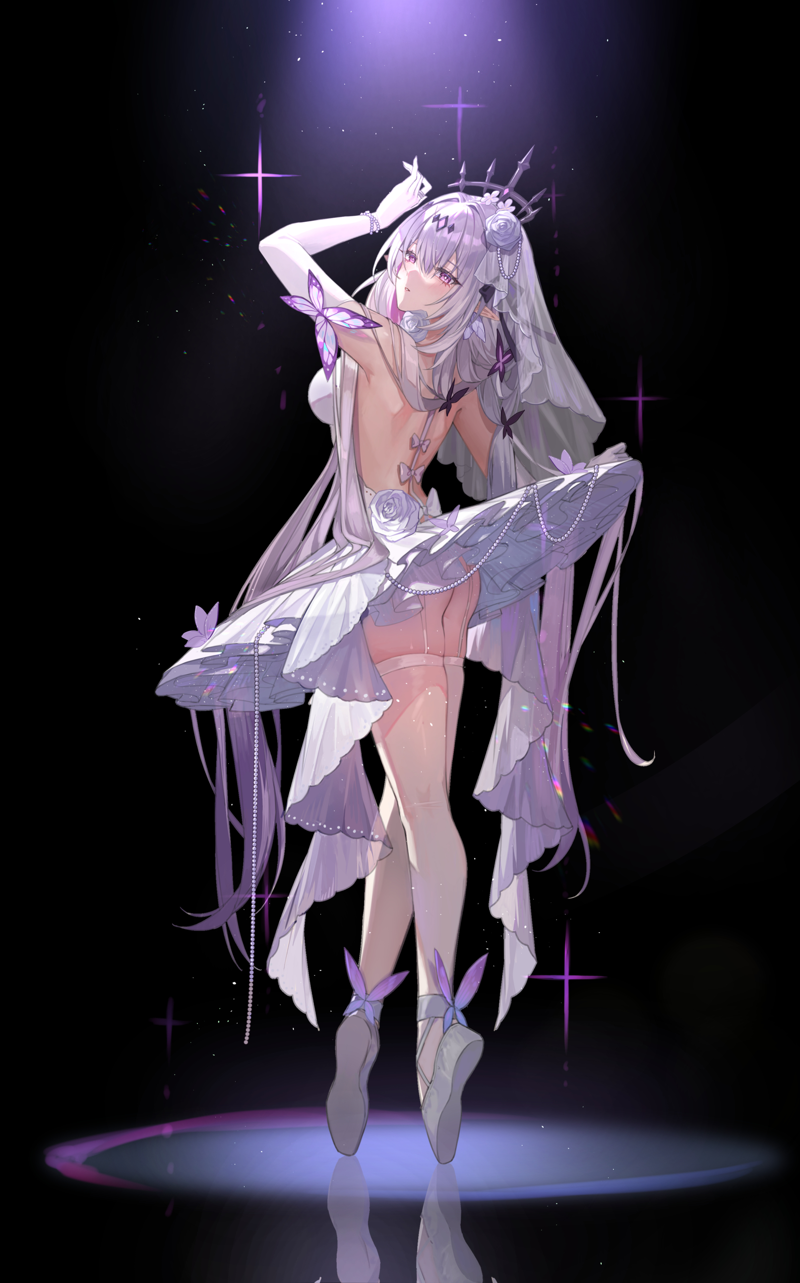 castorice dress honkai:_star_rail no_bra pointy_ears skirt_lift stockings thighhighs yolanda