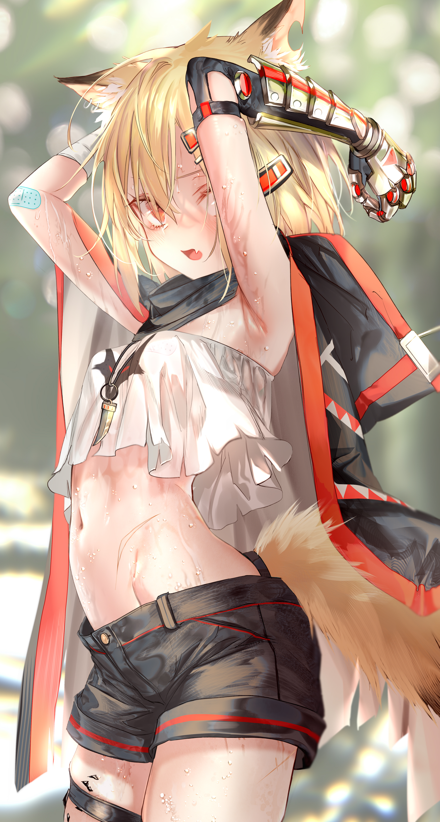 animal_ears arknights armor bandaid garter pottsness tail vermeil_(arknights) wet