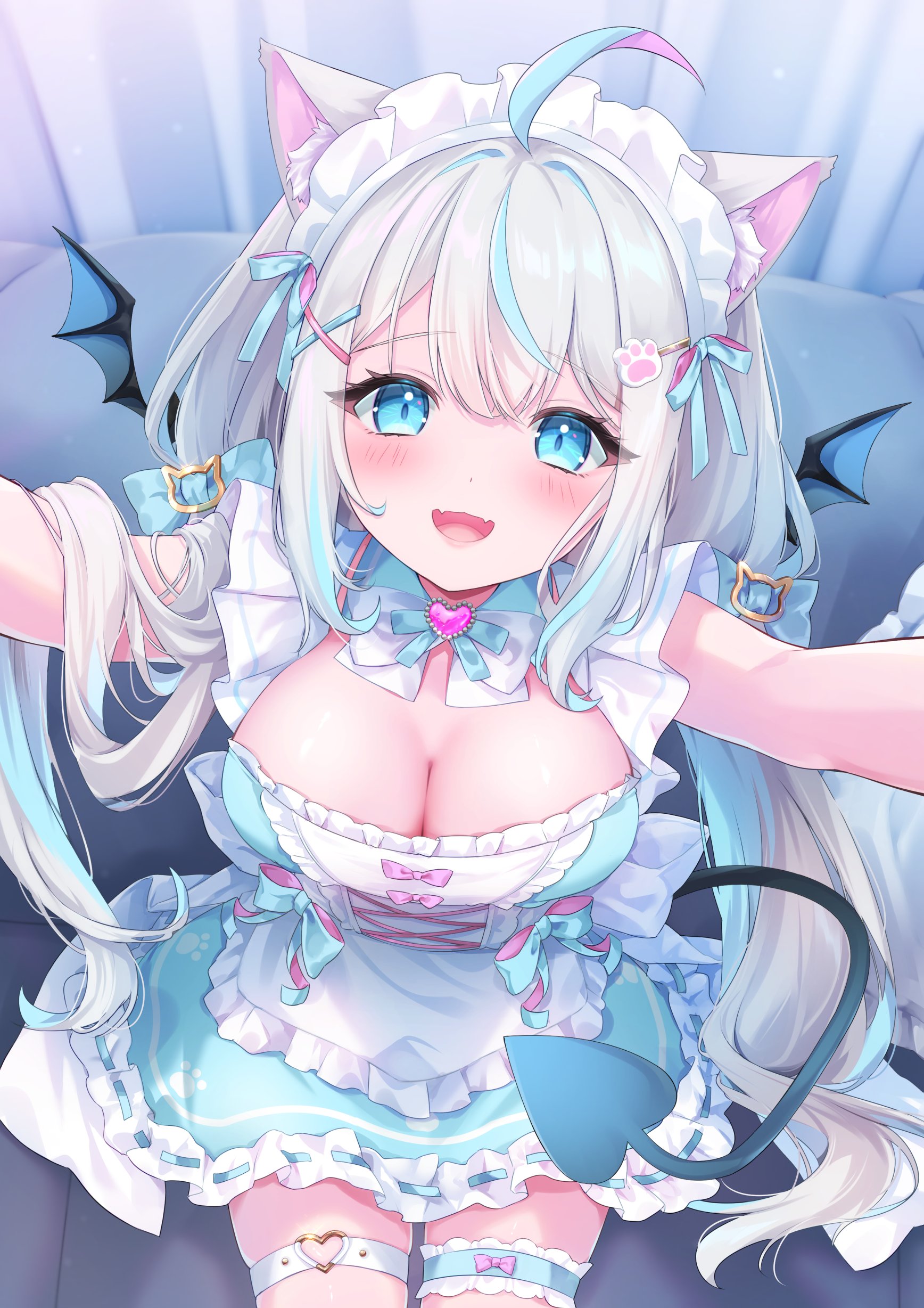 amashiro_nyamu animal_ears garter maid nekomimi no_bra secret_puffy tail tojo_(natumi1412) wings