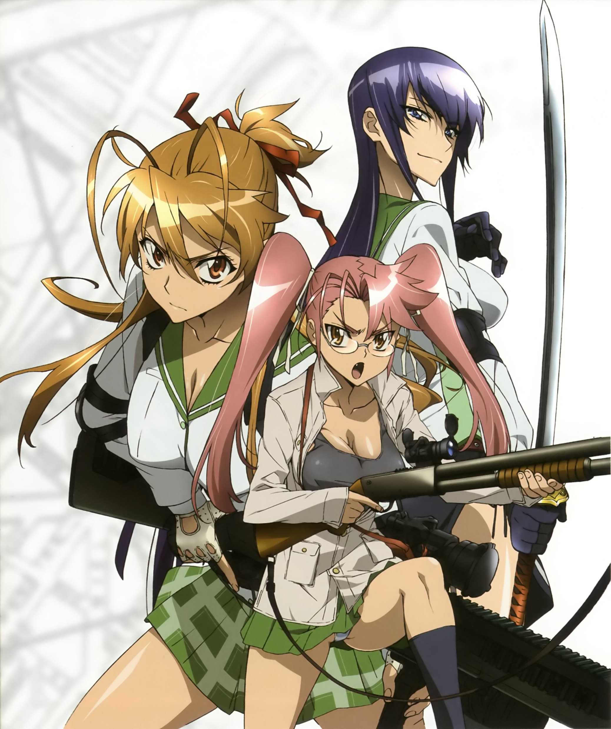 inazuma highschool of the dead busujima saeko miyamoto rei takagi saya gun  megane pantsu seifuku sword thighhighs, #181689