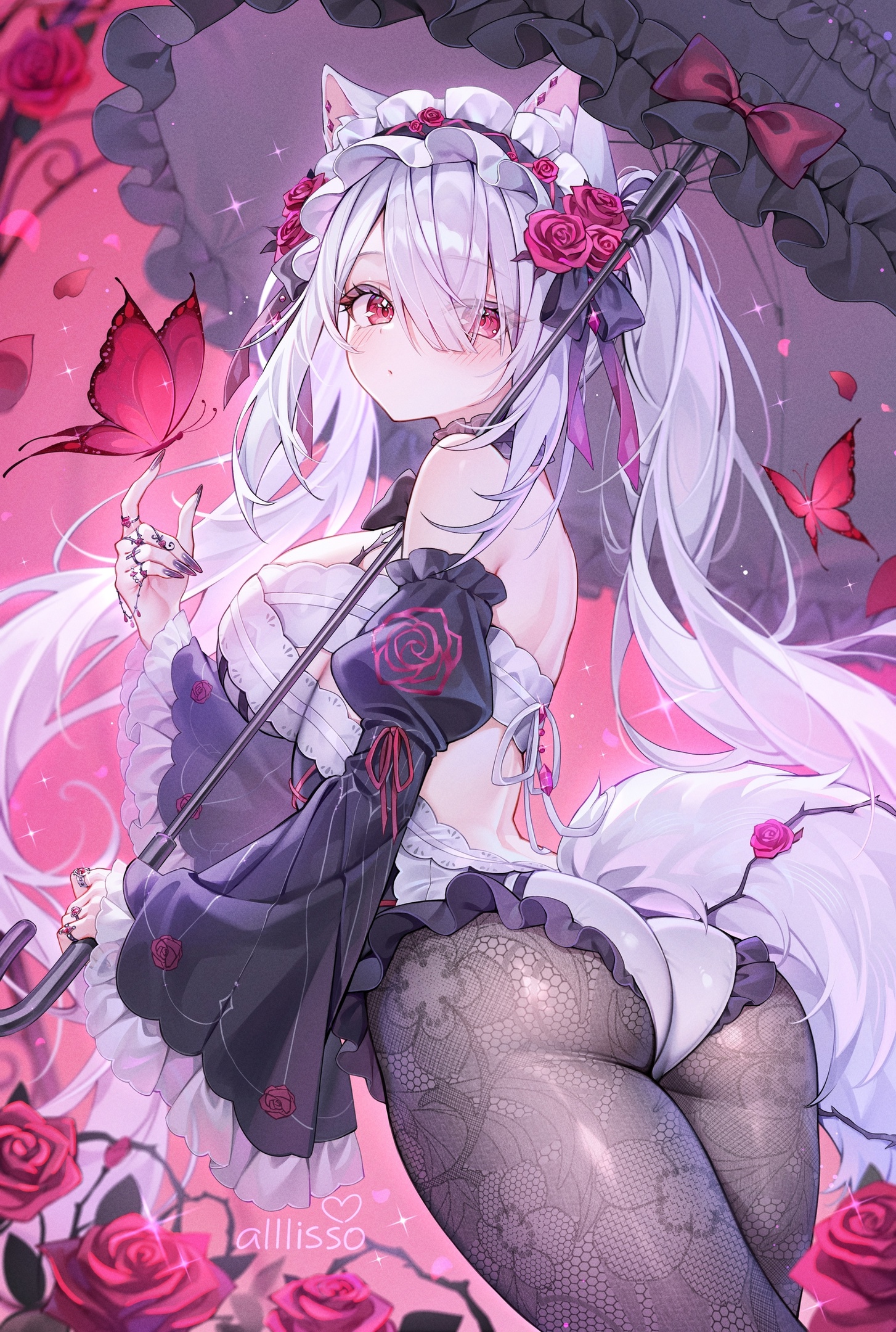 alllisso animal_ears ass gothic_lolita indie_virtual_youtuber katsuna_(vtuber) leotard lolita_fashion pantyhose tail umbrella